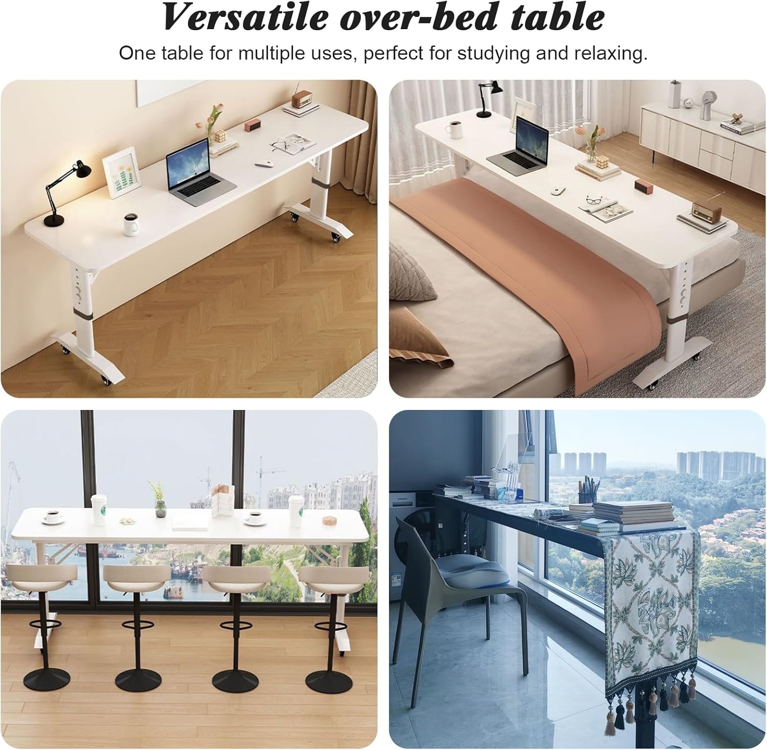 Over The Bed Table with Wheels, Adjustable Height Overbed Desk, Rolling Over Bed Desk, Giant Portable Mobile Laptop Cart for Computer, Bedroom Work, 90.6