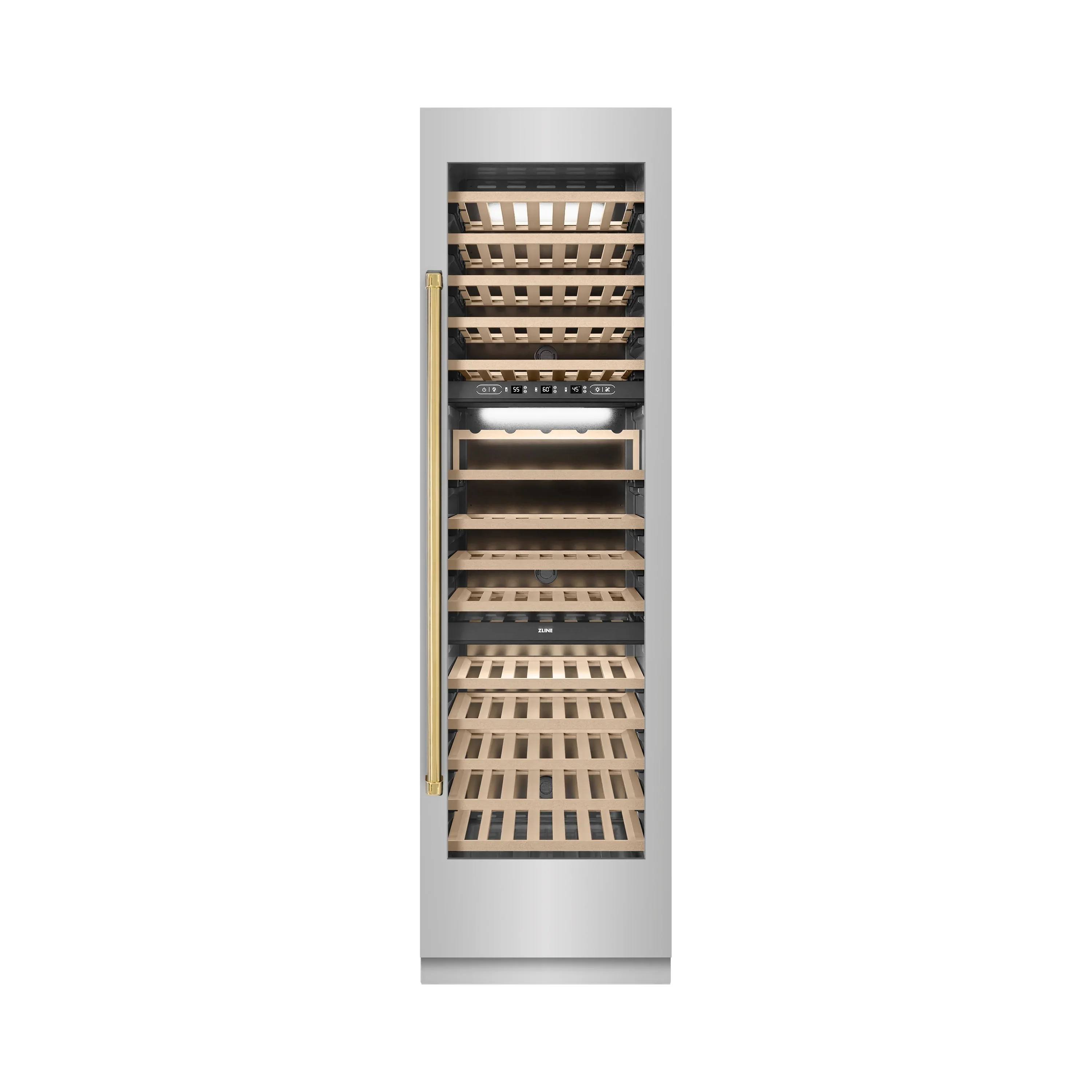 ZLINE Autograph Edition 24-Inch 12.4 Cu. Ft. Triple Zone 100 Bottle Column Wine Cooler in Stainless Steel and Polished Gold Accents (RCWVZ-304-24-G)