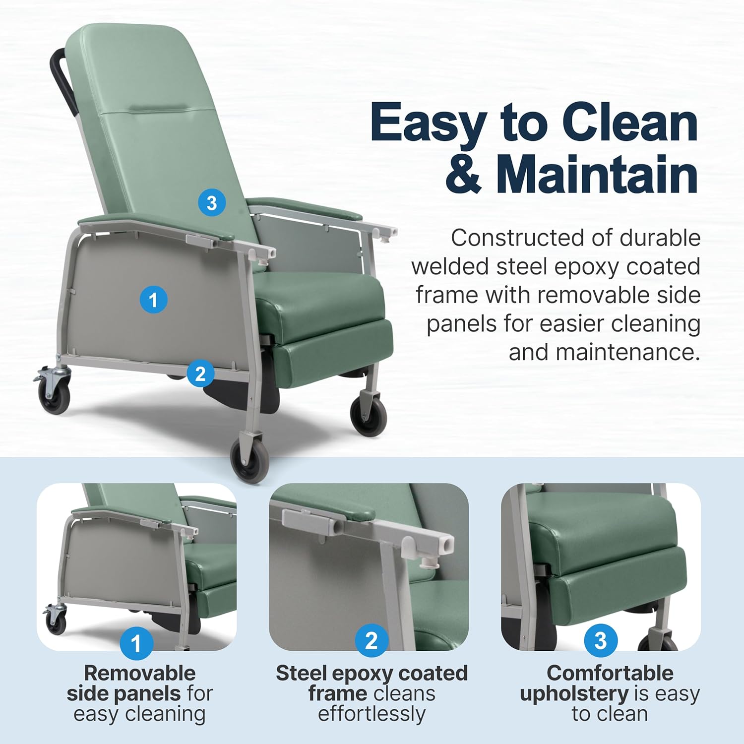 Lumex 3-Position Medical Recliner, Reclining Geri Chair with Wheels, Jade