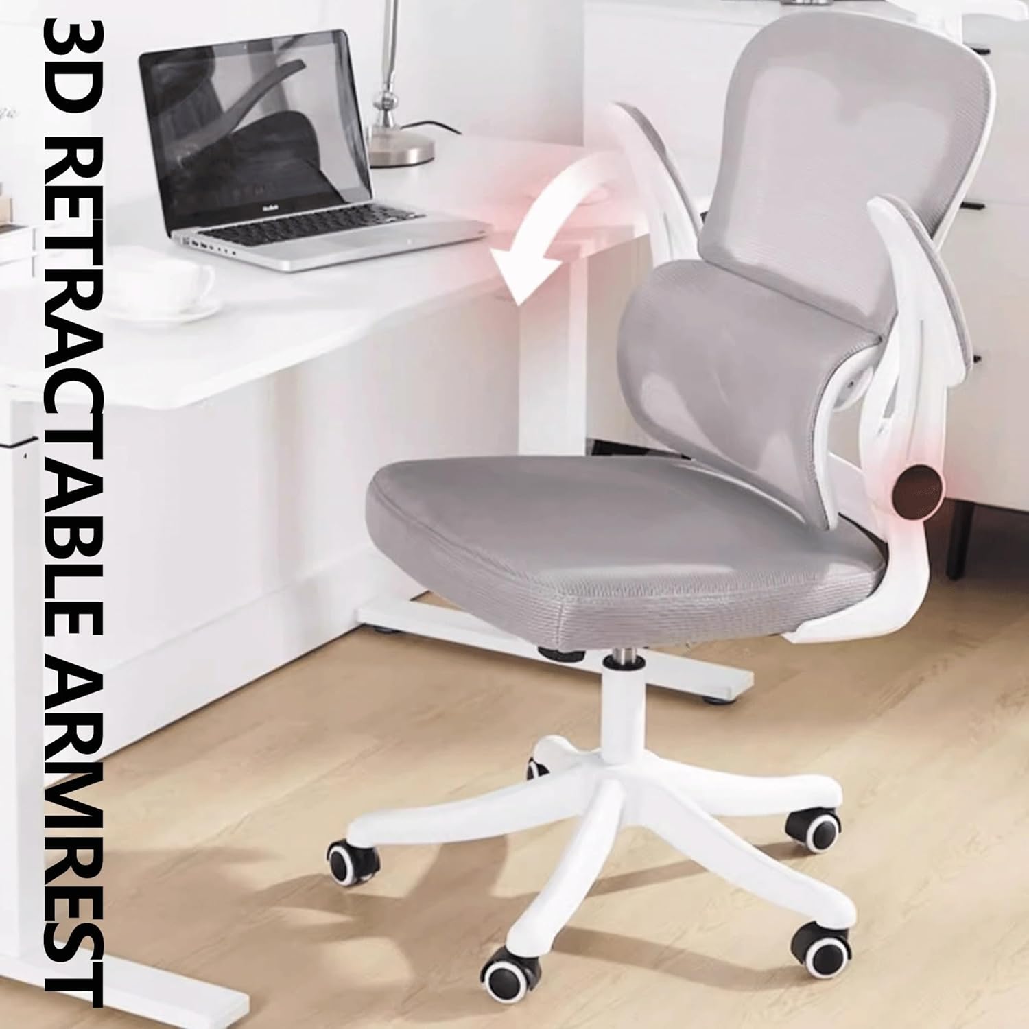 Ergonomic Office Gaming Chair with Adjustable 3D Lumbar Support Comfy Mesh Home Desk Chair with Flip Up Armrest and Swivel Tilt Ideal for Study Work Executive Office Livi,Gray-One Size