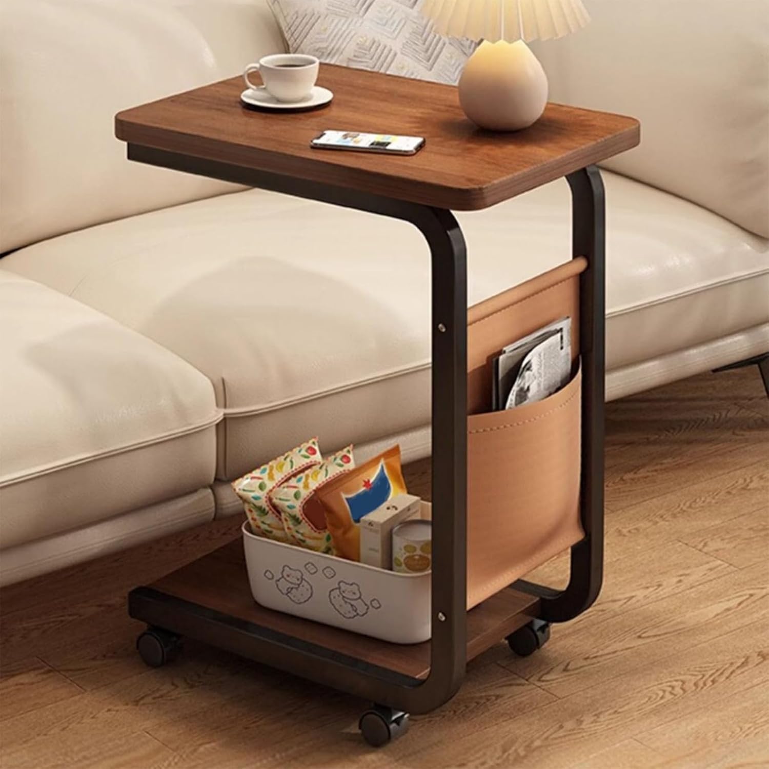 Overbed Bedside Table with Wheels, Rolling Laptop Table with Metal Frame, Ultra-Low Profile Base Fits Under Beds & Sofas, for Hospital and Home Use