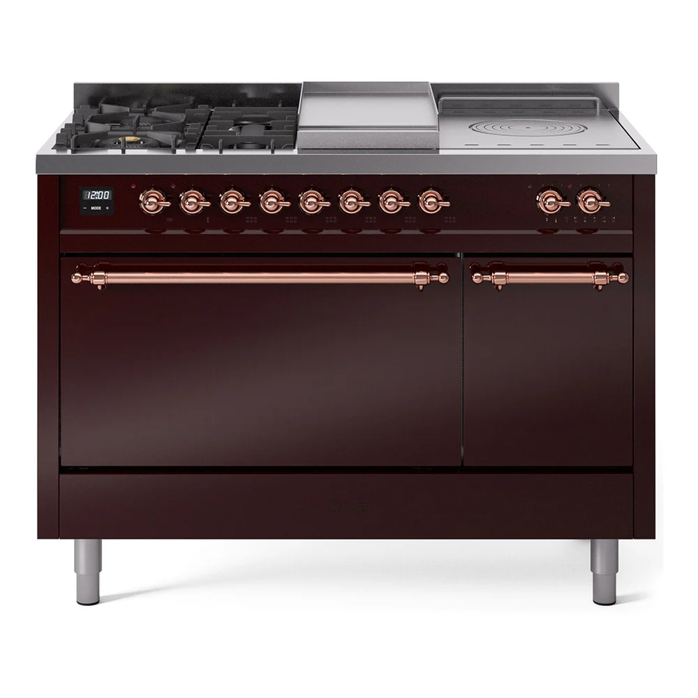 ILVE Nostalgie II 48-Inch Dual Fuel Range with 5 Burners, Griddle, & French Top, with Solid Door Oven in Burgundy with Copper Trim (UP48FSQNMPBUP)