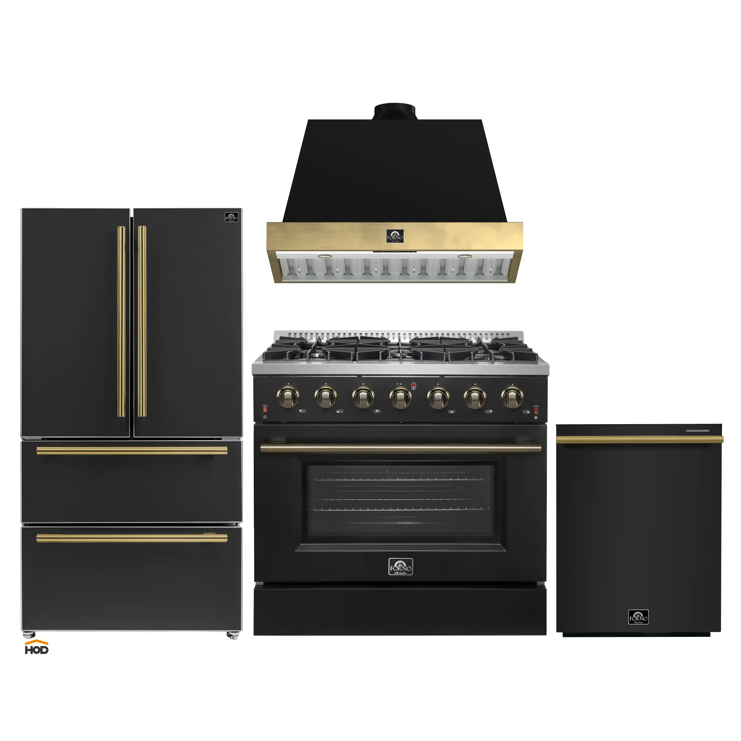 Forno Galiano 4-Piece Appliance Package - 36-Inch Gas Range, 36-Inch Hood, 36-Inch Refrigerator, & 24-Inch Dishwasher in Black with Antique Brass Trim