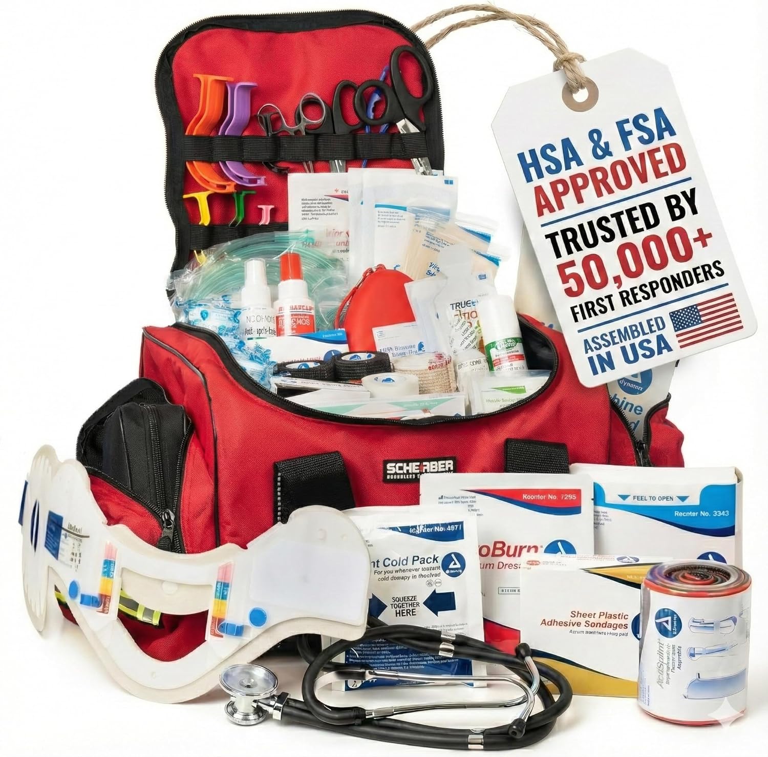 Scherber First Responder Fully-Stocked Large Professional Essentials EMT/EMS Trauma Kit | HSA/FSA Approved | Reflective Bag w/8 Zippered Pockets & Compartments & 250+ First Aid Supplies (Red)