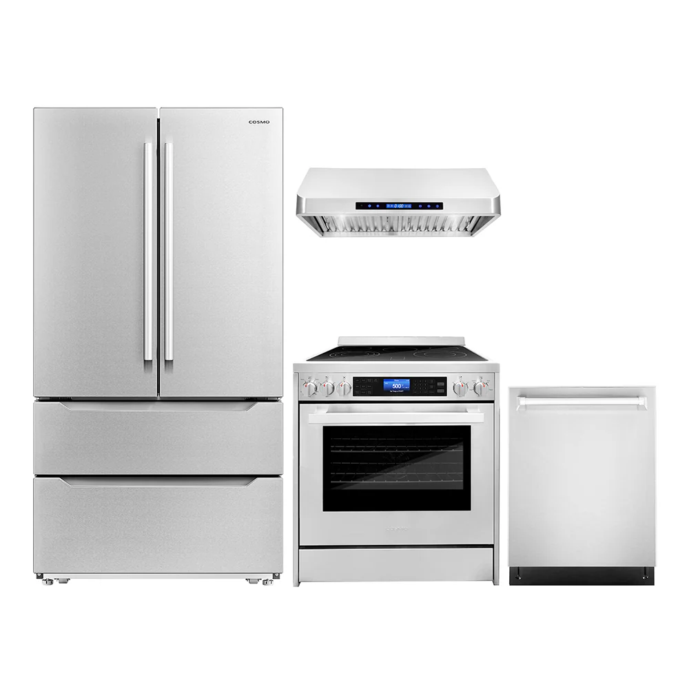 Cosmo 4-Piece Appliance Package - 30-Inch Single Oven Electric Range, Under Cabinet Range Hood, Dishwasher and Refrigerator in Stainless Steel (COS-4PKG-156)
