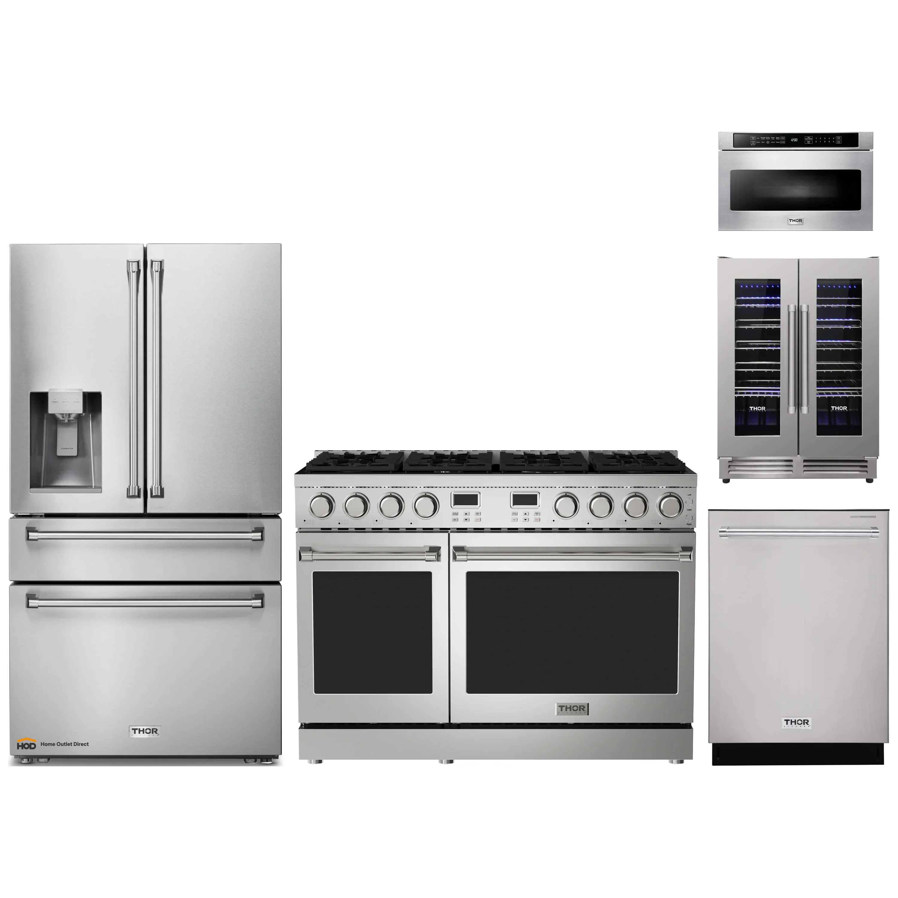 Thor Kitchen A-Series 5-Piece Appliance Package - 48-Inch Gas Range, Refrigerator with Water Dispenser, Dishwasher, Microwave, and Wine Cooler in Stainless Steel