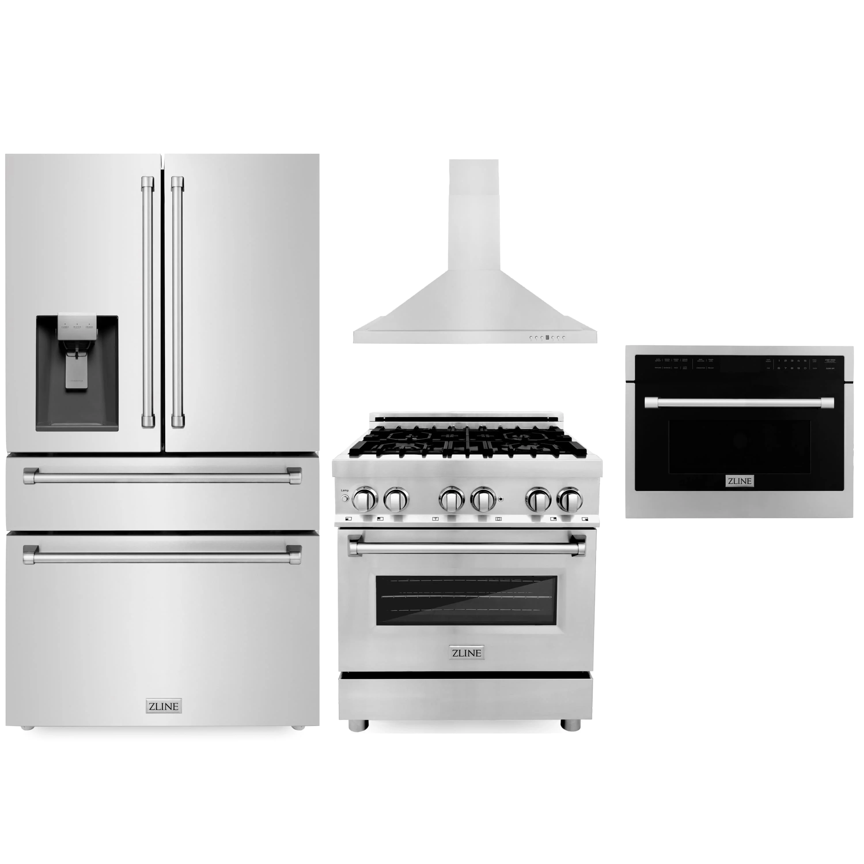 ZLINE 4-Piece Appliance Package - 30-Inch Dual Fuel Range, Refrigerator with Water Dispenser, Convertible Wall Mount Hood, and Microwave Oven in Stainless Steel (4KPRW-RARH30-MWO)