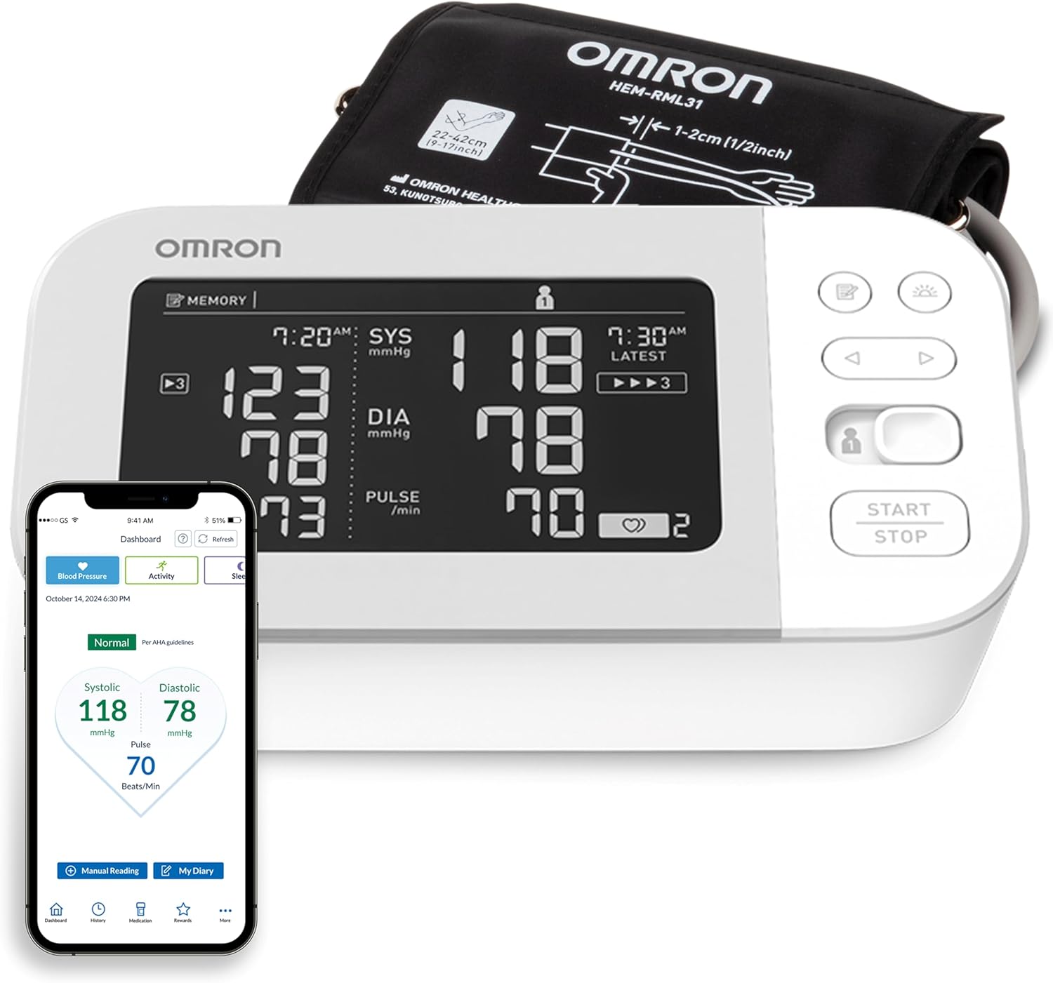 OMRON Platinum Blood Pressure Monitor, Upper Arm Cuff, Digital Bluetooth Blood Pressure Machine, Stores Up To 200 Readings for Two Users (100 readings each)
