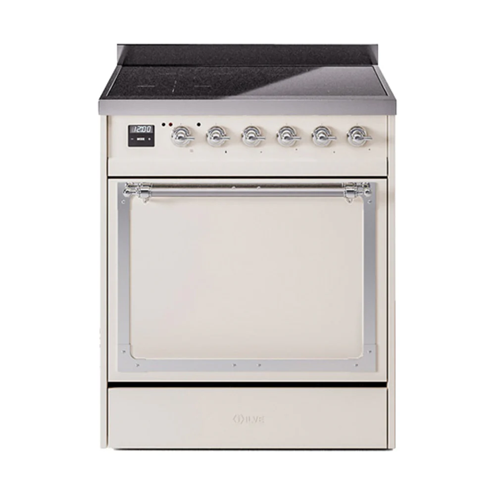 ILVE 30-Inch Nostalgie II Noblesse Induction Range with Solid Door Oven in Antique White with Chrome Trim (UNI304QNMPAWC)