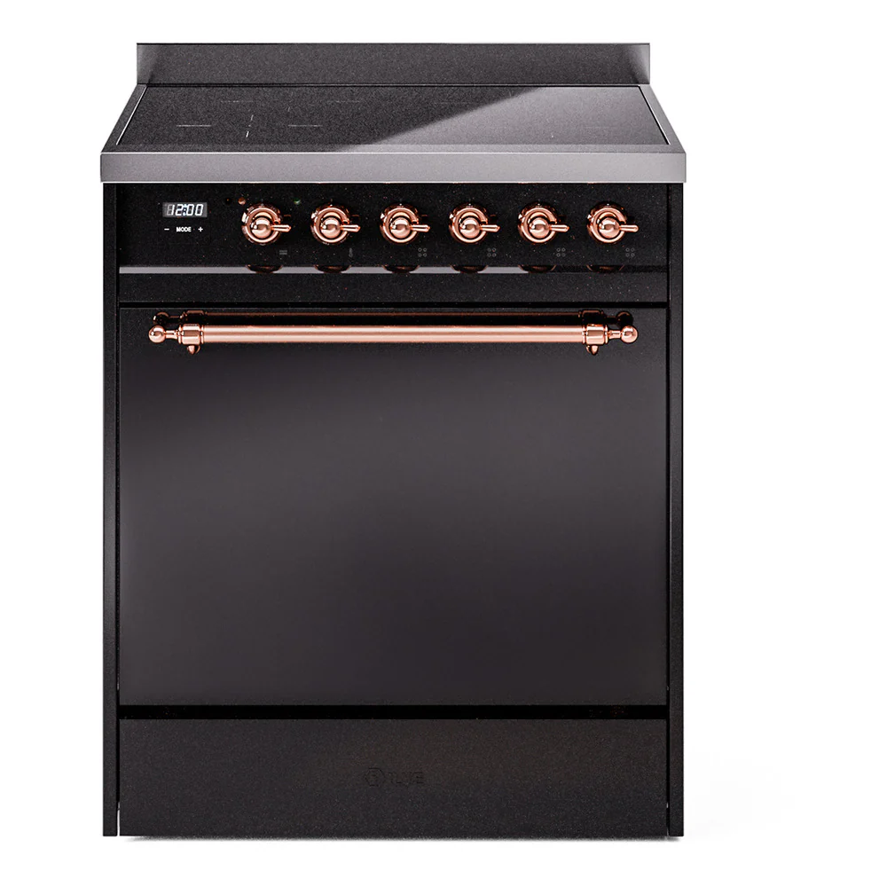 ILVE 30-Inch Nostalgie II Induction Range with Solid Door Oven in Glossy Black with Copper Trim (UPI304QNMPBKP)