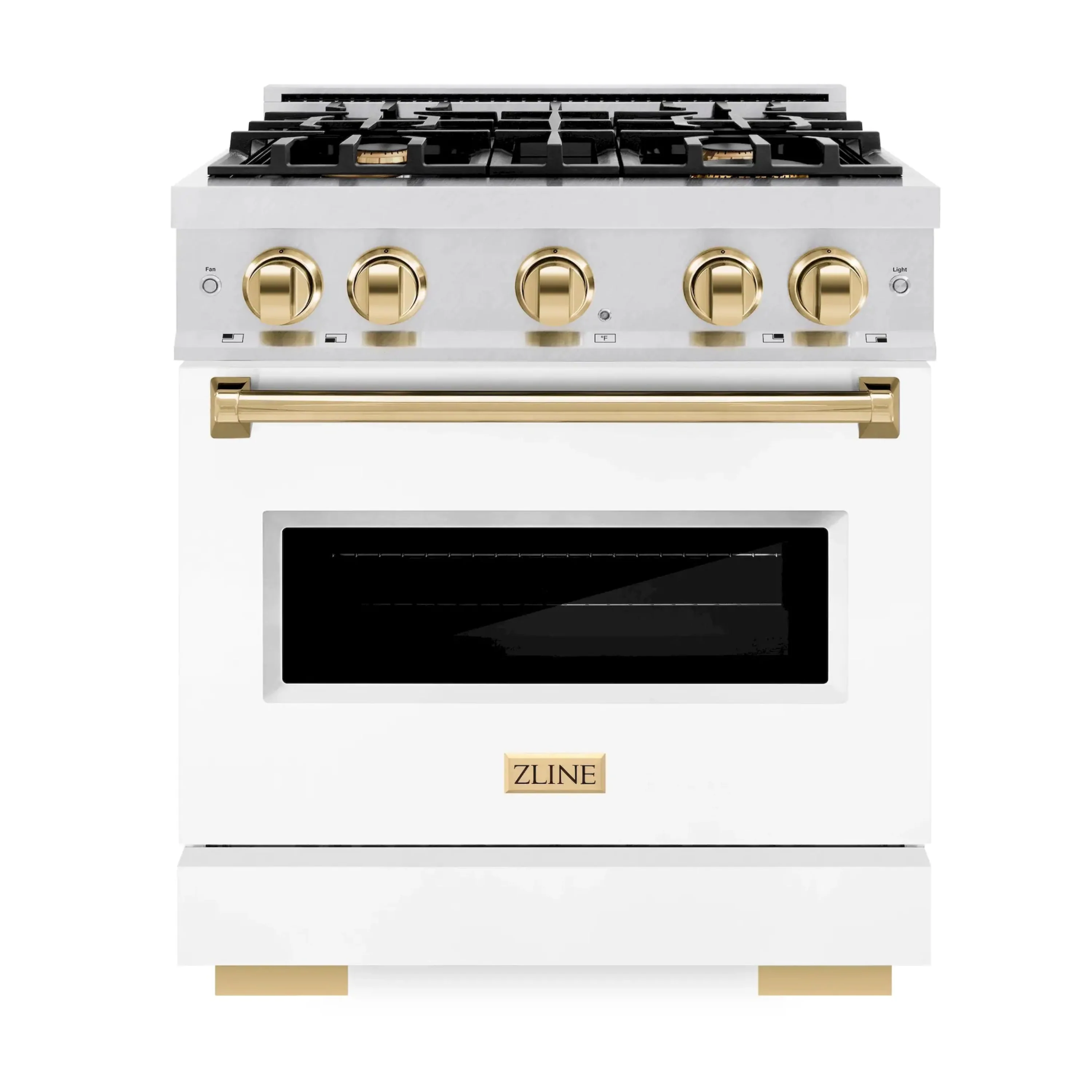 ZLINE Autograph Edition 30-Inch Classic Series Dual Fuel Range with 4 Gas Burner Cooktop and 4.2 Cu. Ft. Electric Convection Oven in Satin Stainless Steel with White Matte Door and Polished Gold Accents (CDRSZ-WM-30-G)