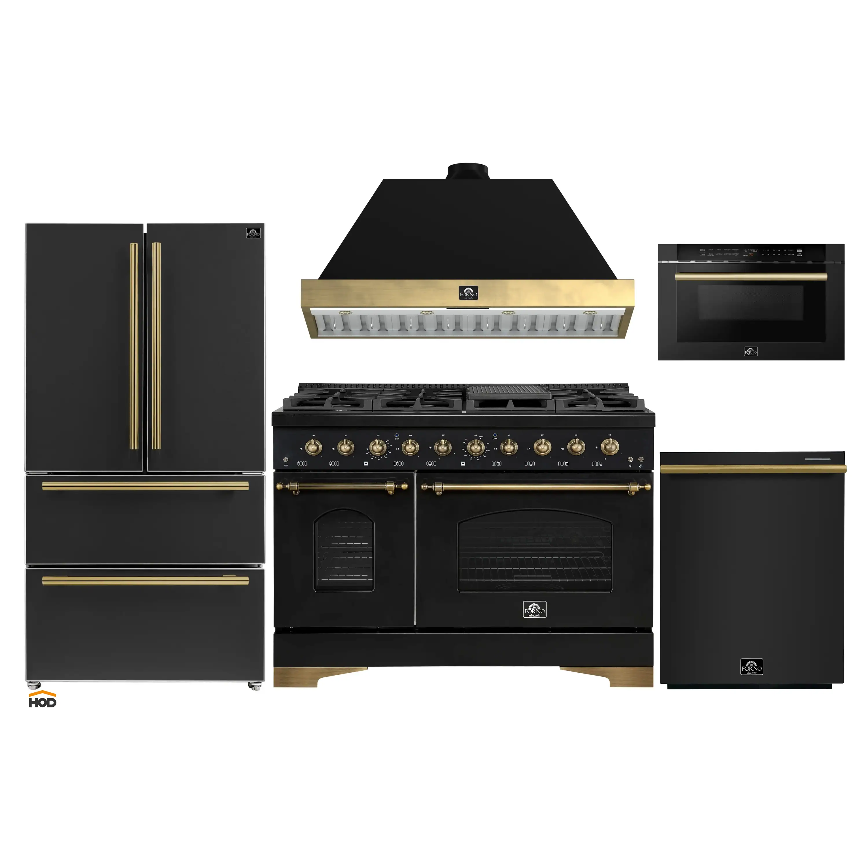 Forno Antico 5-Piece Appliance Package - 48-Inch Gas Range, 48-Inch Hood, 36-Inch Refrigerator, 24-Inch Dishwasher, & 24-Inch Microwave Drawer in Black with Antique Brass Trim