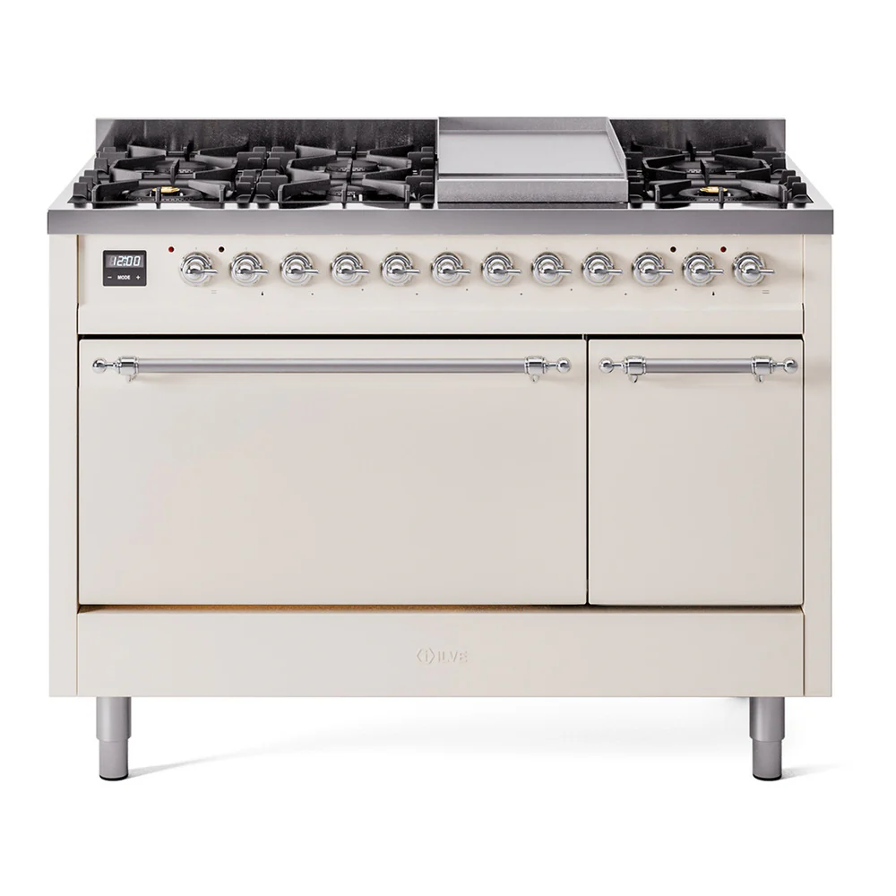 ILVE 48-Inch Nostalgie II Dual Fuel Range with 8 Burners, Griddle, and Solid Door Oven in Antique White with Chrome Trim (UP48FQNMPAWC)