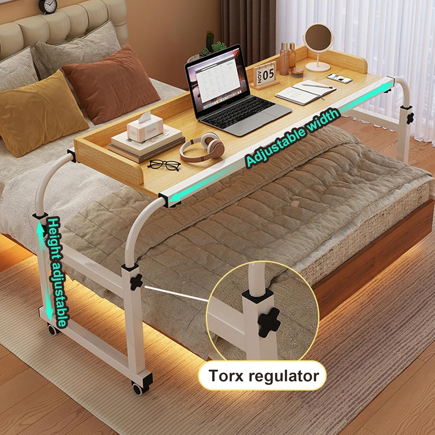 Overbed Desk, Overbed Table with Wheels, Rolling Desk Over Bed Adjustable Height, Queen Size Mobile Computer Desk, Over Bed Desk Rolling Medical Table, for Hospital and Home
