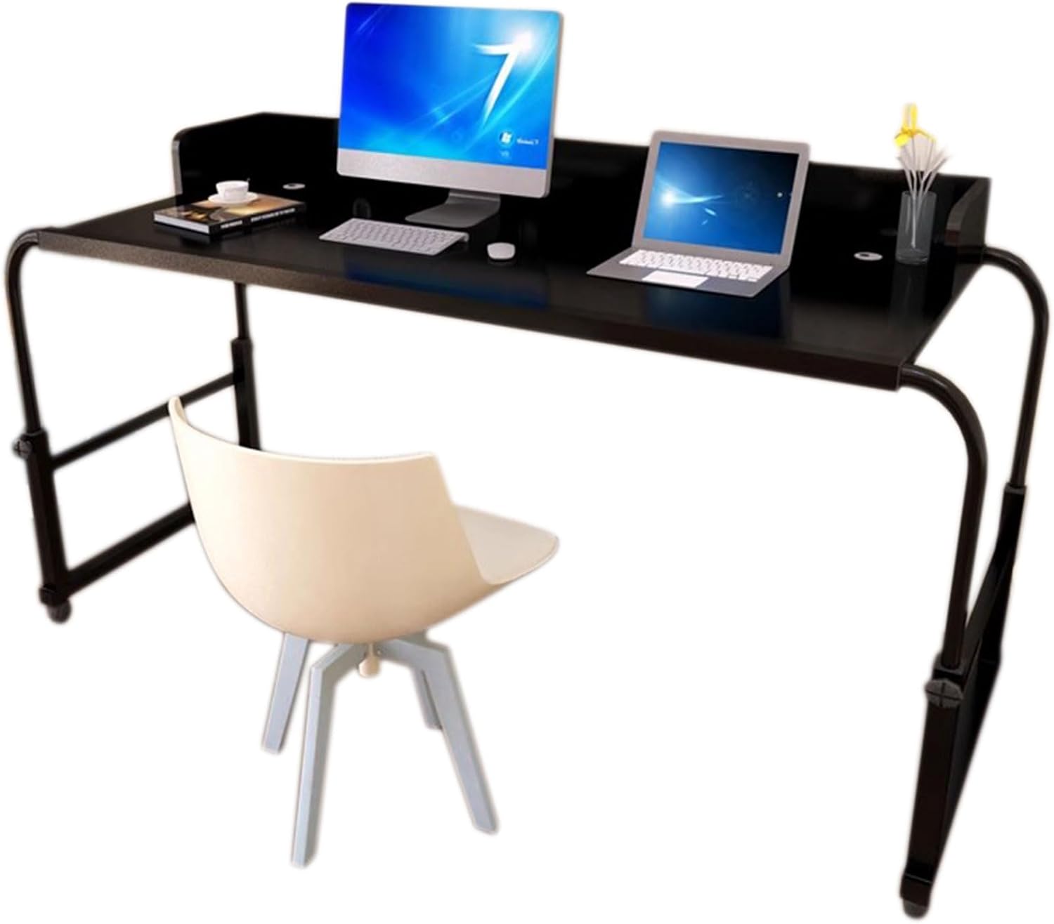 Adjustable Overbed Table with Wheels, Mobile Laptop Cart Standing Computer Desk with Baffle, Hospital and Home Use,Black,47.2”L
