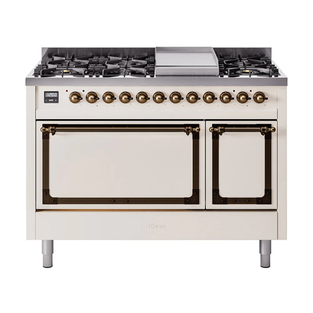 ILVE Nostalgie II Noblesse 48-Inch Dual Fuel Freestanding Range with Solid Door Oven in Antique White with Bronze Trim (UN48FQNMPAWB)