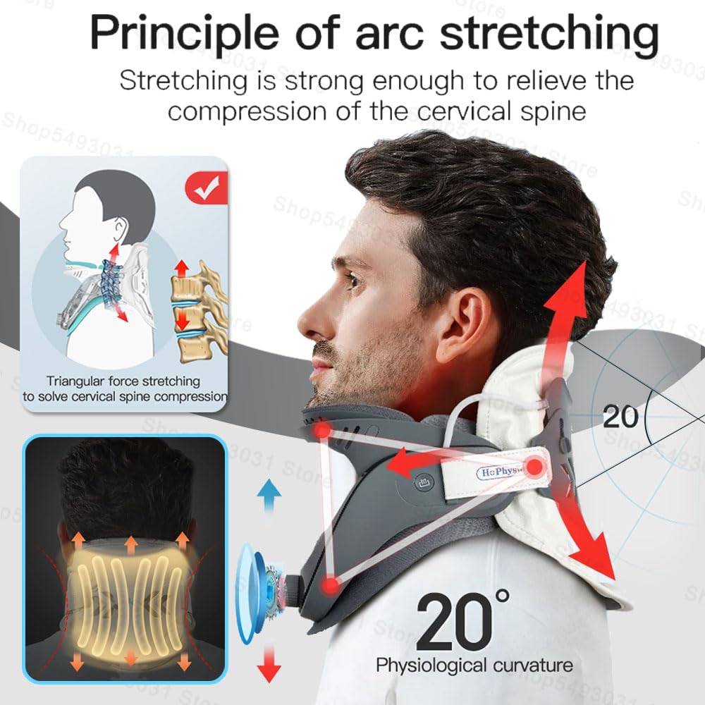 Neck Stretcher Cervical Brace with Air Traction Neck Brace for Neck Pain Relief & Posture Corrector,Light weight， Wireless Pump&Hot/Cold Therapy Pads， Adjustable Support, Award-Winning Design Home& Office