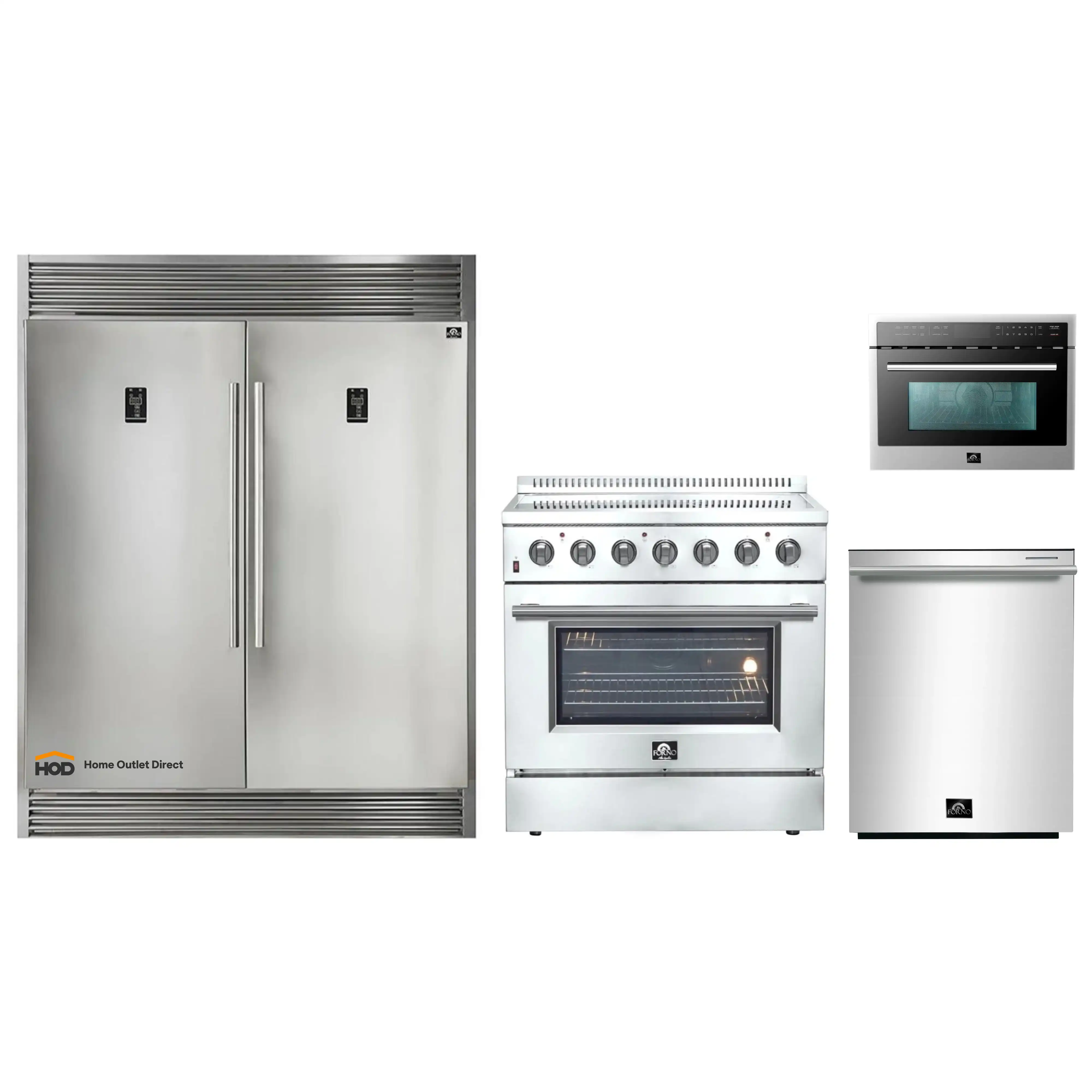 Forno 4-Piece Appliance Package - 36-Inch Electric Range, Pro-Style Refrigerator, Dishwasher, and 24-Inch Microwave Oven in Stainless Steel