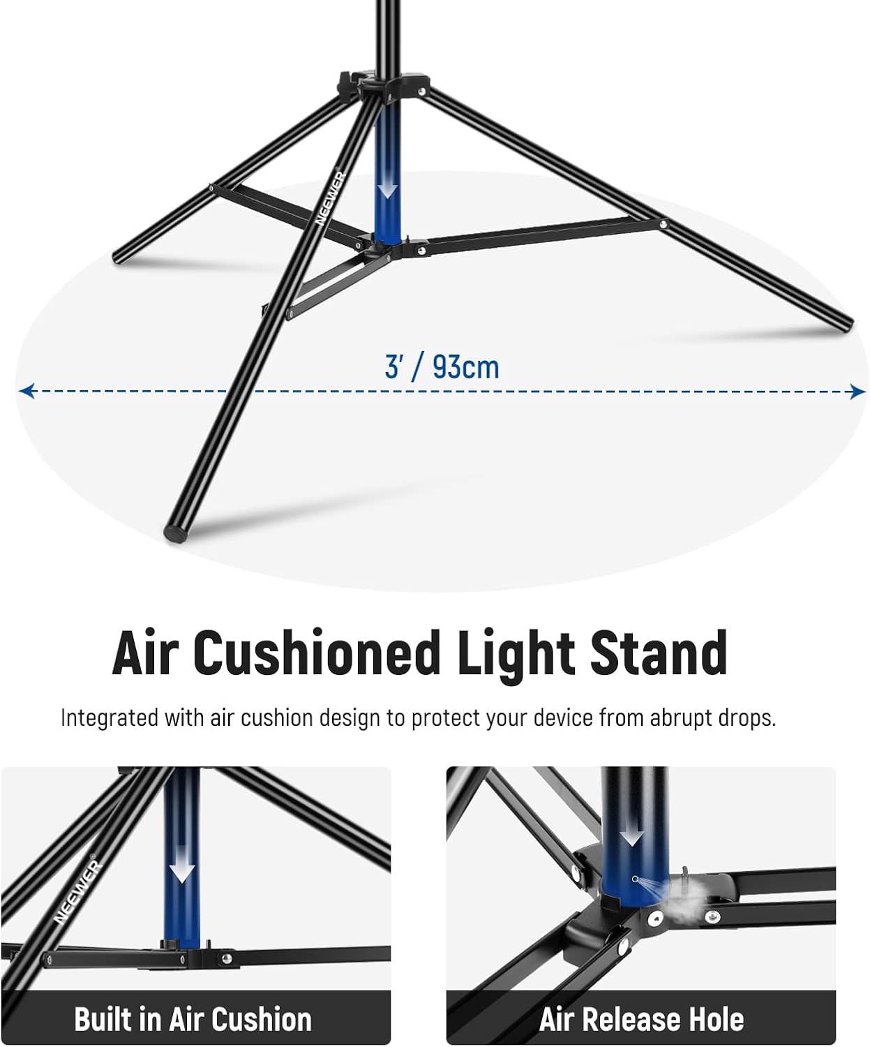 NEEWER Air Cushioned Aluminum Light Stand, 9.8ft/3m Adjustable Photography Stand with Boom Arm, Counterweight, Sandbag, 1/4