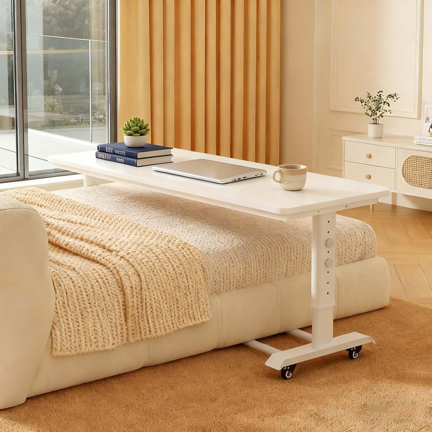 Over The Bed Table with Wheels - Adjustable Height Desk, Rolling Mobile Laptop Cart for Bedroom Work, King Size Beds(120 * 40 * 68cm)