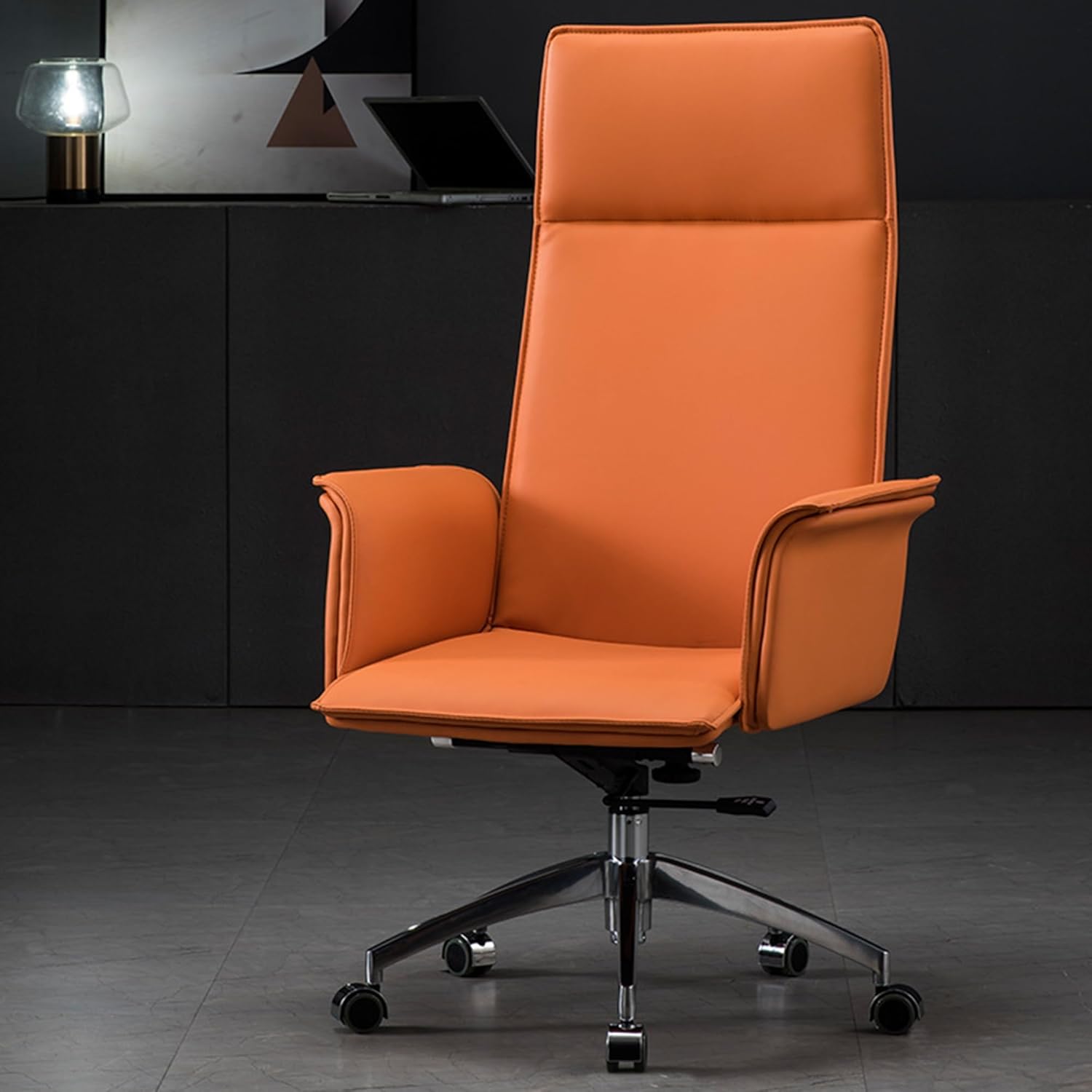 High Back Office Chair with Adjustable Height and Reclining Feature for Ultimate Comfort and Support Ergonomic PU Leather Desk Chair with Headrest and Armrests Ideal fo(Orange-One Size