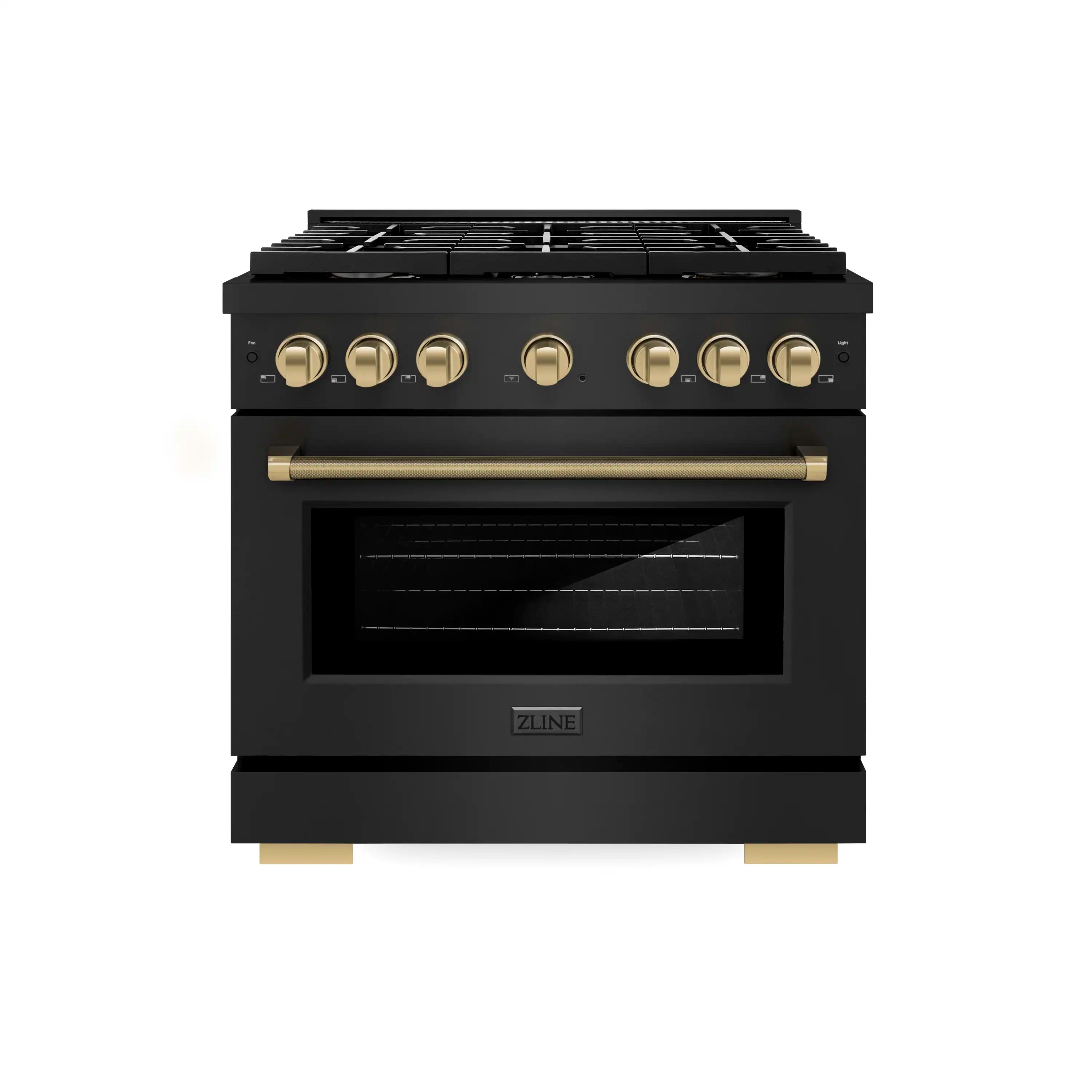 ZLINE Autograph 36-Inch Paramount Dual Fuel Range in Black Stainless Steel and Bronze Helix Handle (SDRBZ-36-KCB)