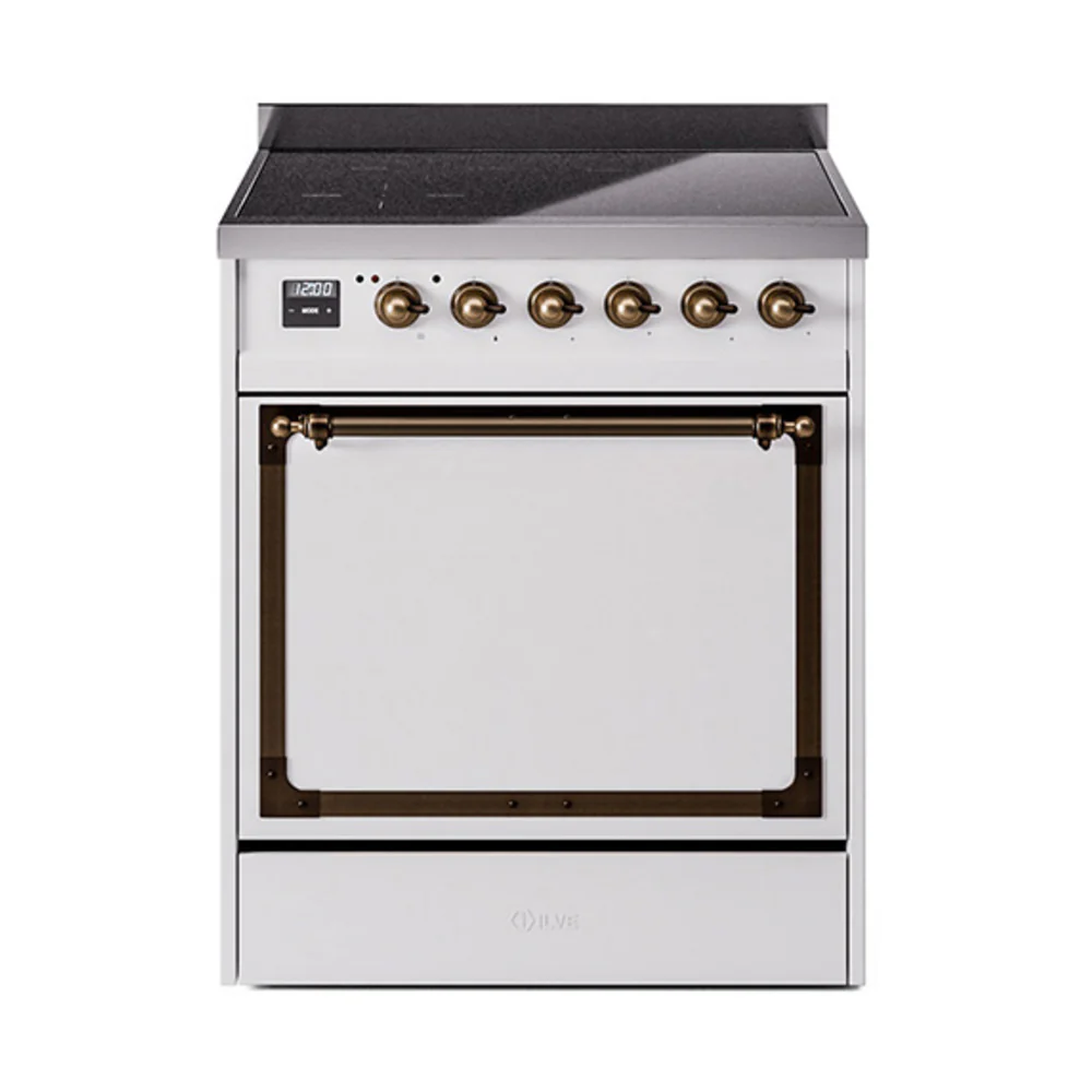 ILVE 30-Inch Nostalgie II Noblesse Induction Range with Solid Door Oven in White with Bronze Trim (UNI304QNMPWHB)