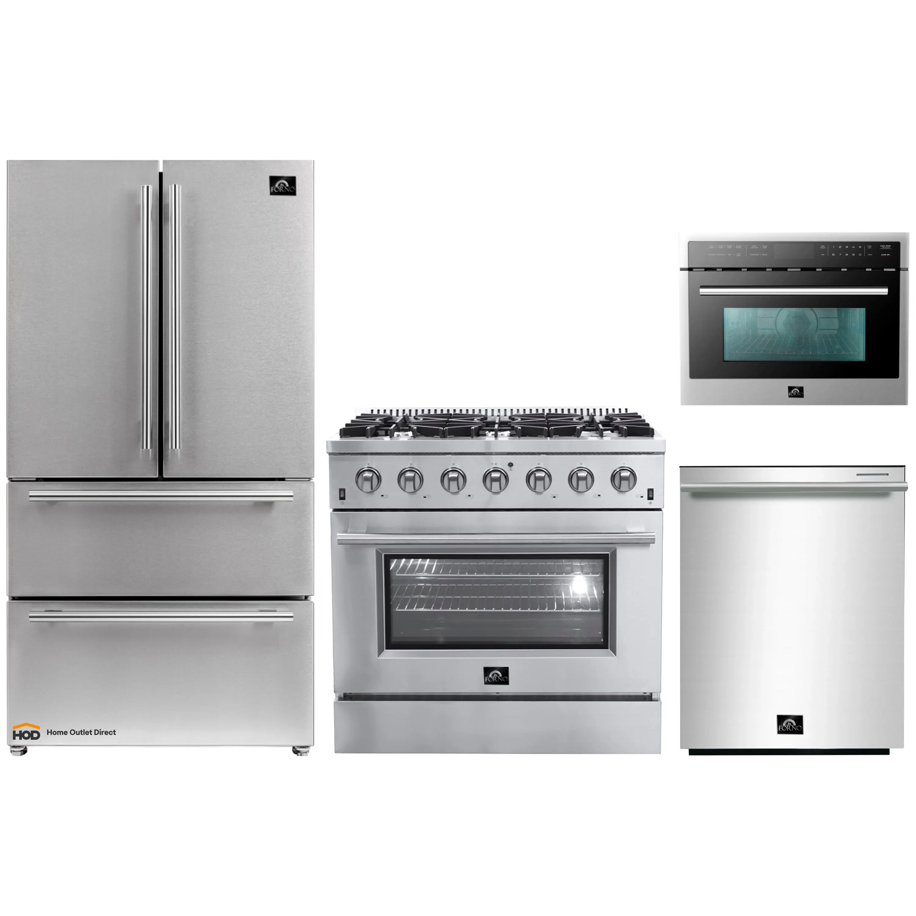 Forno 4-Piece Appliance Package - 36-Inch Gas Range, Refrigerator, 24-Inch Microwave Oven, & 3-Rack Dishwasher in Stainless Steel