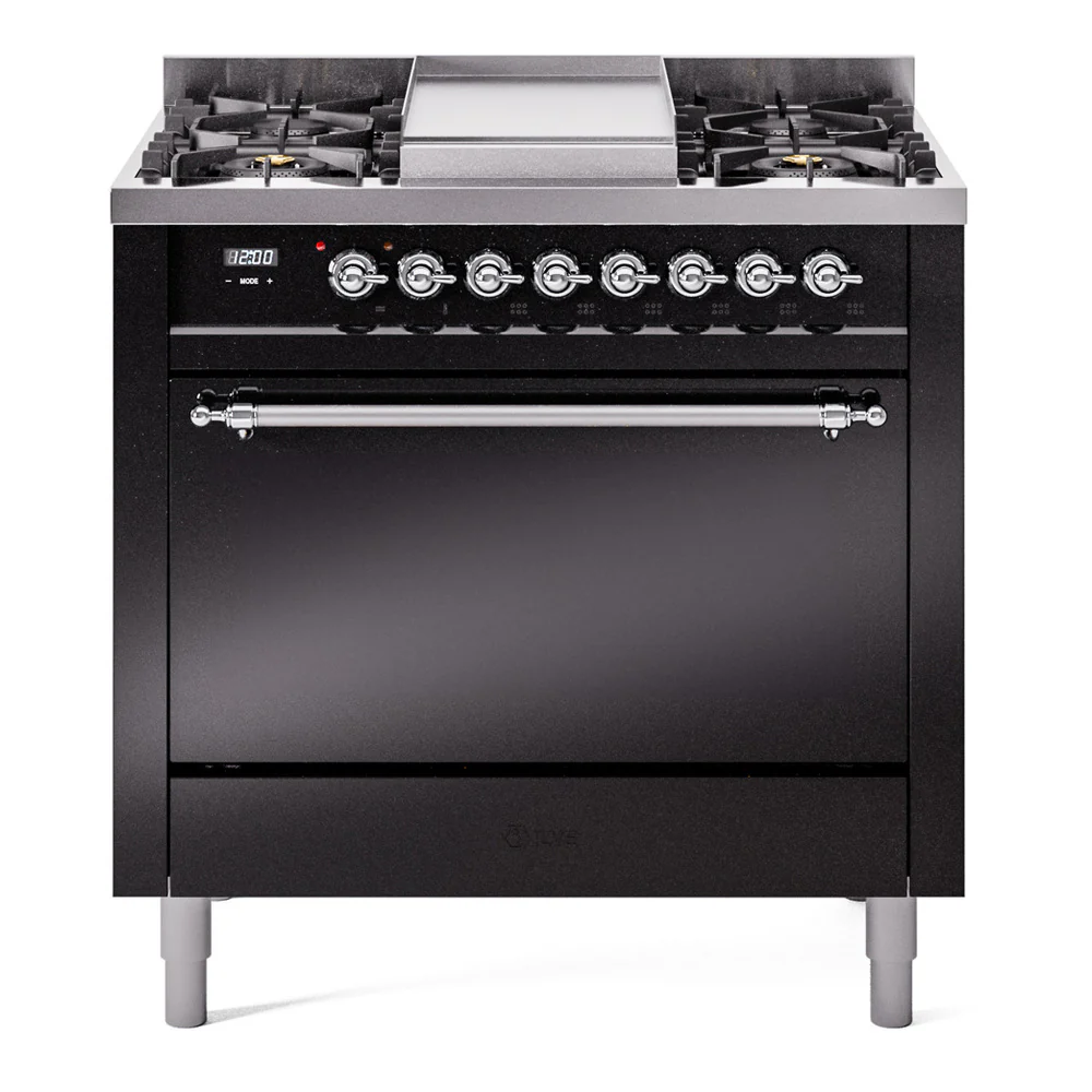 ILVE 36-Inch Nostalgie II Dual Fuel Range with 6 Burners and Solid Door Oven in Glossy Black with Chrome Trim (UP36FQNMPBKC)