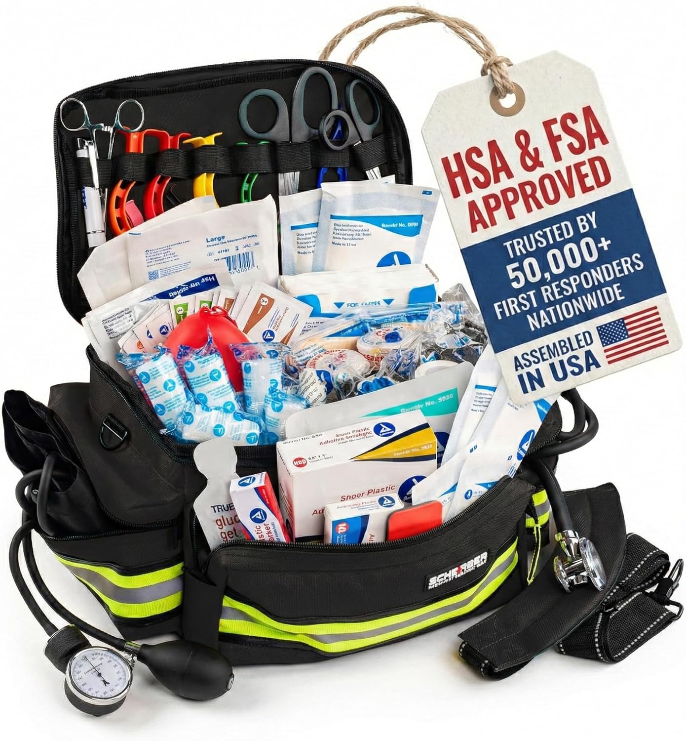 Scherber First Responder Fully-Stocked Professional Essentials EMT/EMS Trauma Kit | HSA/FSA Approved | Reflective Bag w/8 Zippered Pockets & Compartments & 200+ First Aid Supplies - Black