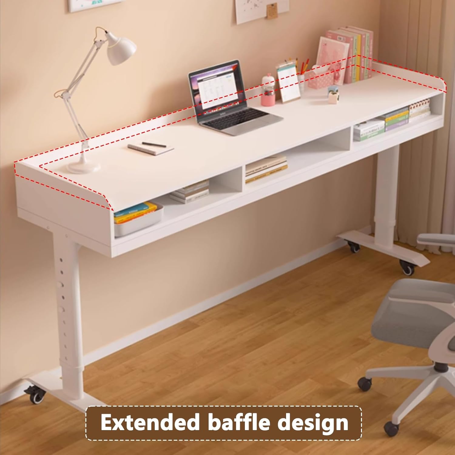 360° Rolling Wheels Over Bed Office Desk, Height Adjustable Overbed Table with Drawer and 3-Side Guard Rails, Laptop Workstation for Bedroom, Living Room(Gray,240cm/94.4in)