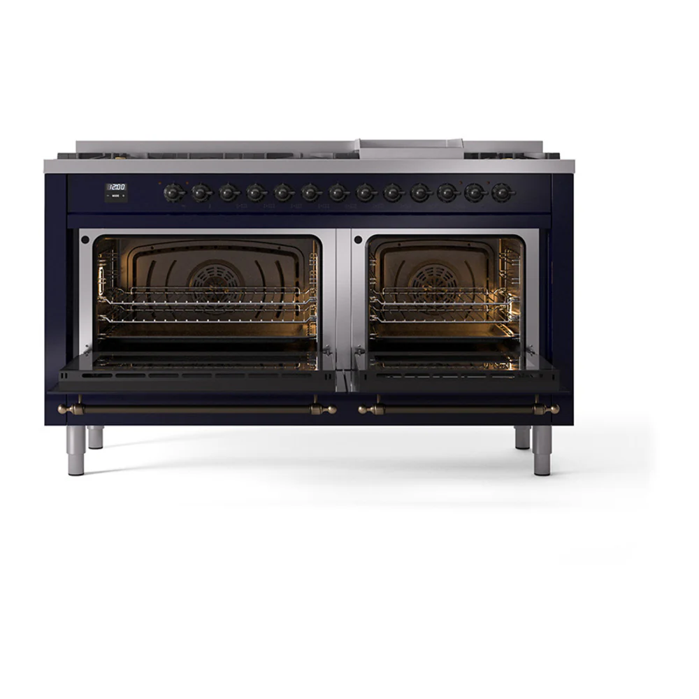 ILVE 60-Inch Nostalgie II Dual Fuel Range with 9 Burners, Griddle, and Solid Door Oven in Midnight Blue with Bronze Trim (UP60FQNMPMBB)