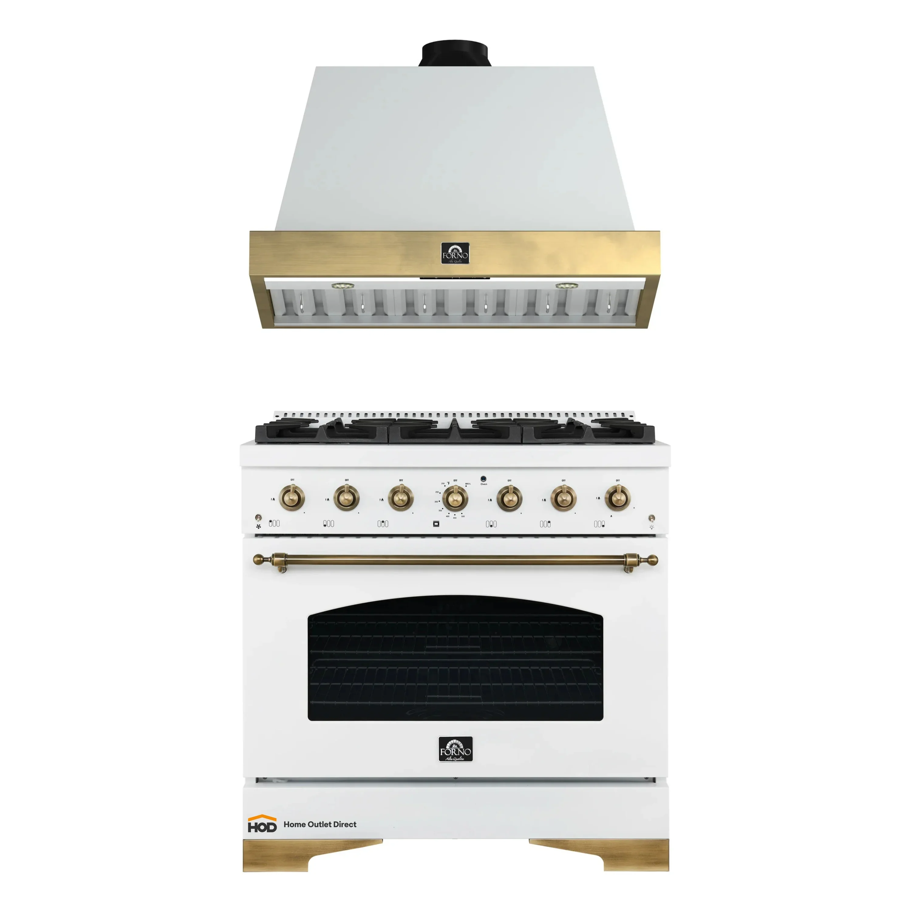 Forno Antico 2-Piece Appliance Package - 36-Inch Dual Fuel Range & 36-Inch Wall Mount Range Hood in White with Antique Brass Trim