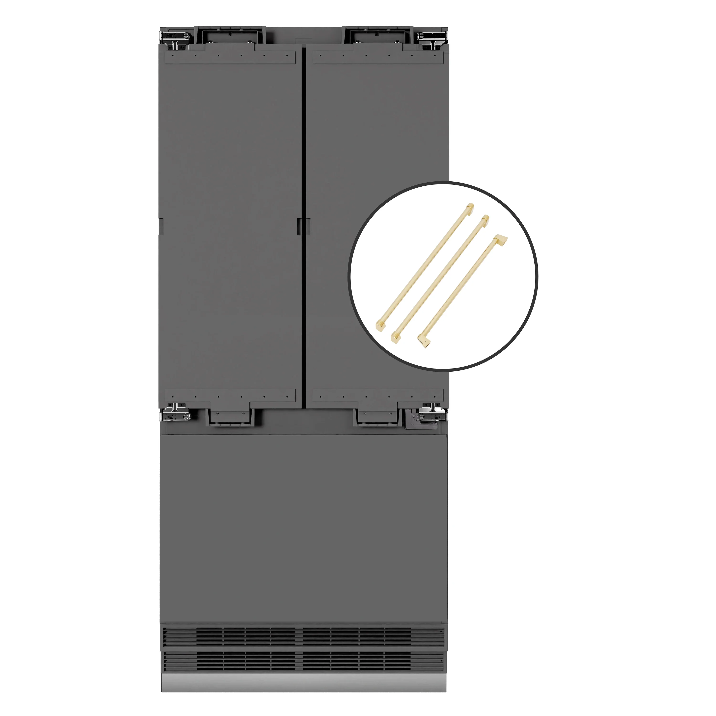 ZLINE Autograph Edition 36-Inch 19.6 cu. ft. French Door Built-In Bottom Freezer Refrigerator with Water Dispenser and Ice Maker with Graphite Gray Interior in Panel Ready and Polished Gold Accents (GRBIVZ-36-G)