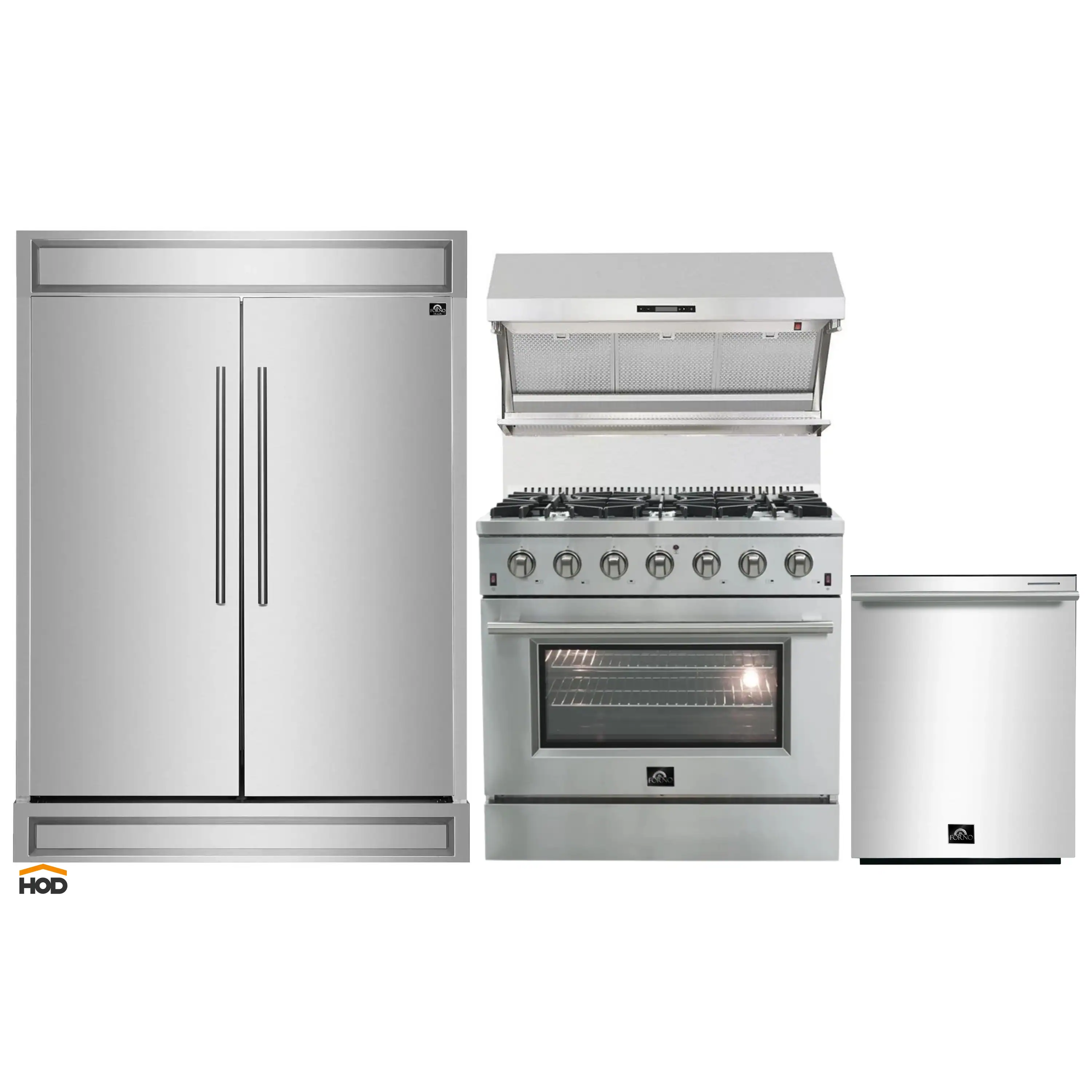 Forno 4-Piece Appliance Package - 36-Inch Gas Range, 60-Inch Refrigerator, Wall Mount Hood with Backsplash, & 3-Rack Dishwasher in Stainless Steel
