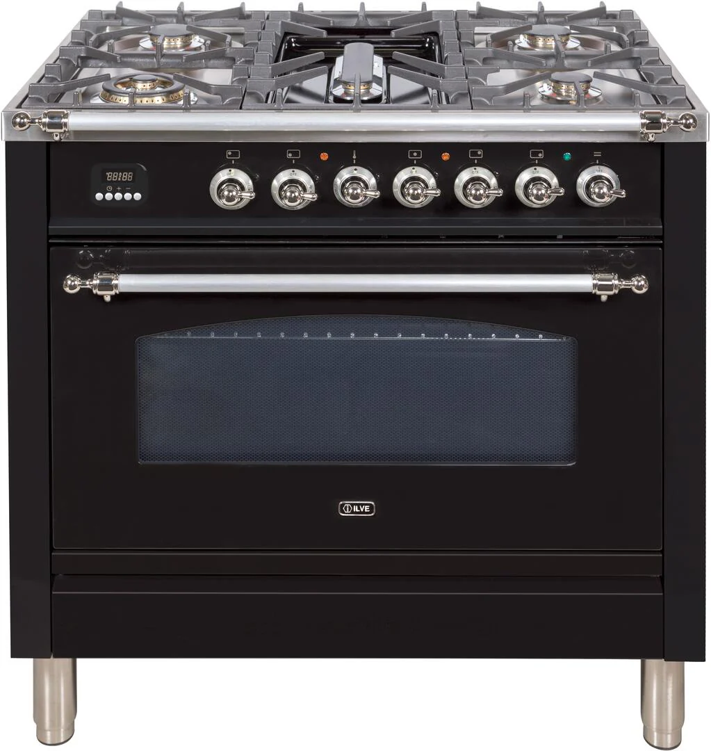 ILVE 36-Inch Nostalgie Gas Range with 5 Burners - Griddle - 3.5 cu. ft. Oven - Chrome Trim in Gloss Black (UPN90FDVGGNX)