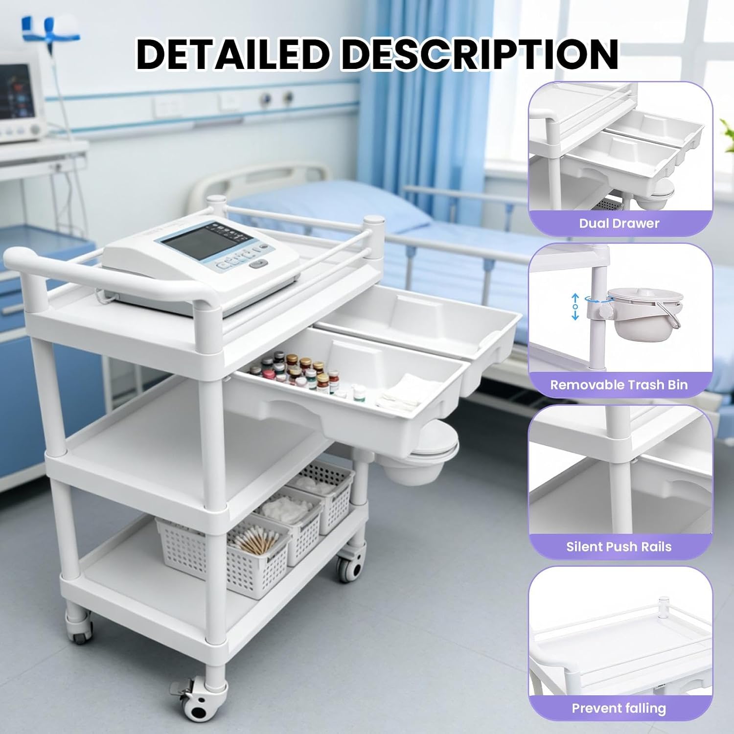 360° Rotate Silent Wheels Machine Trolley, 330lbs Mobile Utility Cart with Bucket and 2 Big Drawers, Esthetician 3 Tier Storage for Office, Home, Dental Hospital