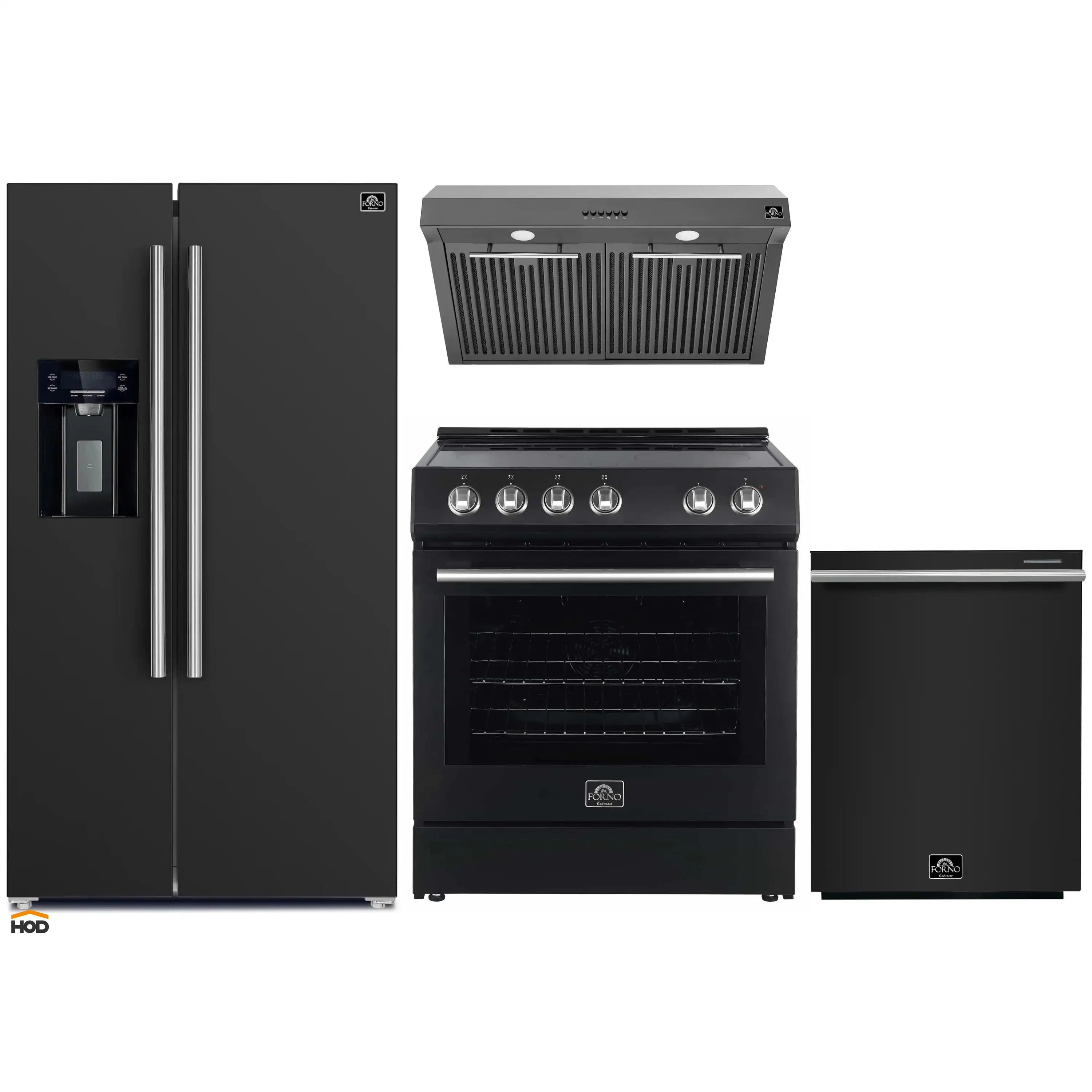 Forno Espresso 4-Piece Appliance Package - 30-Inch Electric Range, Under Cabinet Range Hood, Refrigerator with Water Dispenser and Dishwasher in Black with Stainless Steel Trim