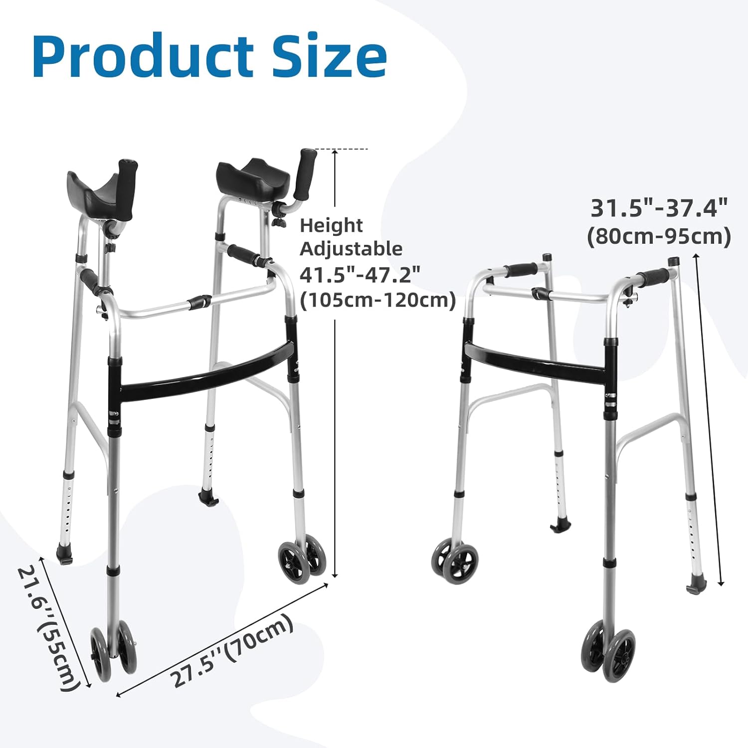 Dual-Wheel Stand Up Walker with Ball Bearing Wheels & Armrest Pad - Aluminum Standard Walker for Seniors, Height Adjustable Platform Walker with Arm Support, Foldable Design with Storage Bag, Silver