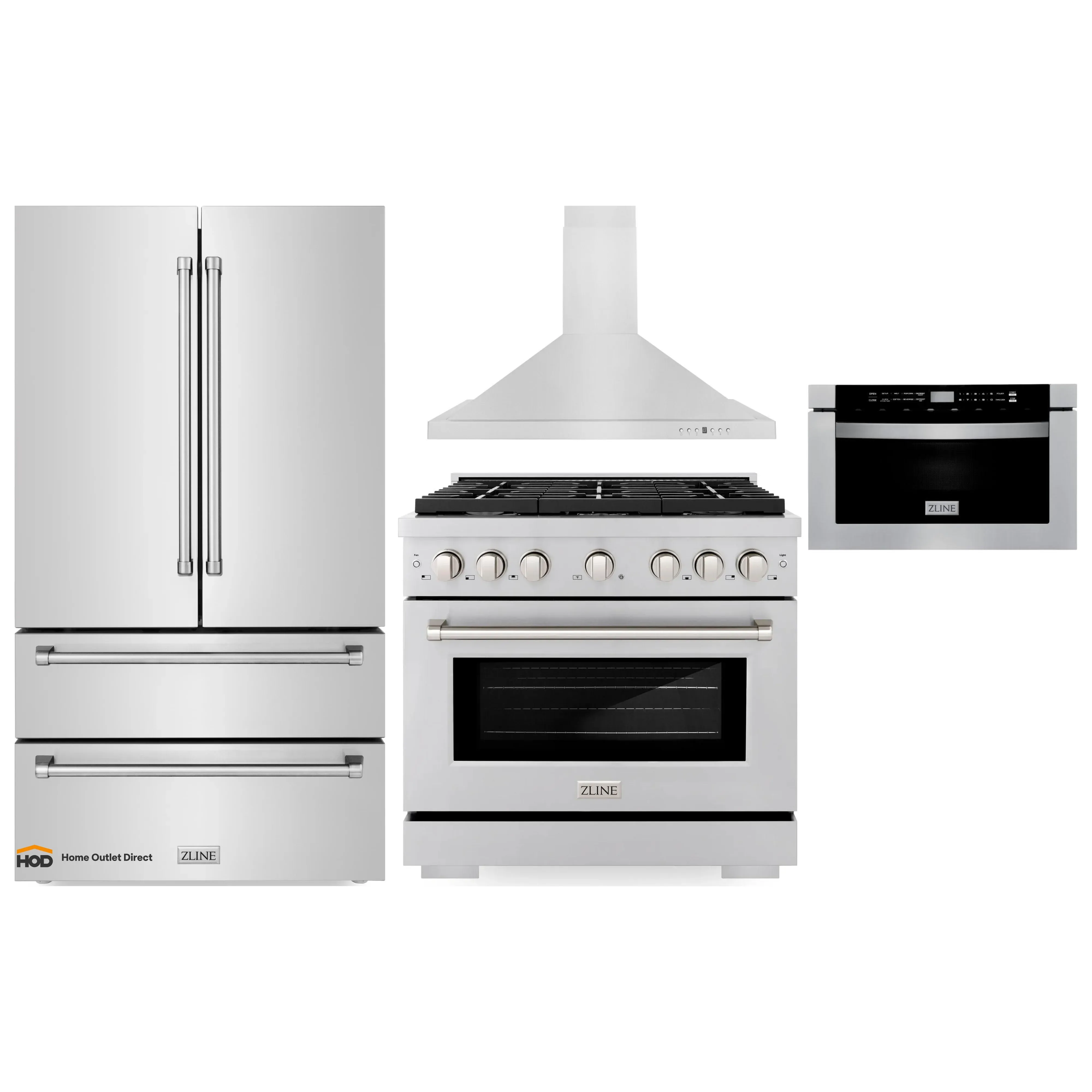 ZLINE 4-Piece Appliance Package - 36-Inch Gas Range, Refrigerator, Convertible Wall Mount Hood, and Microwave Drawer in Stainless Steel (4KPR-SGRRH36-MW)