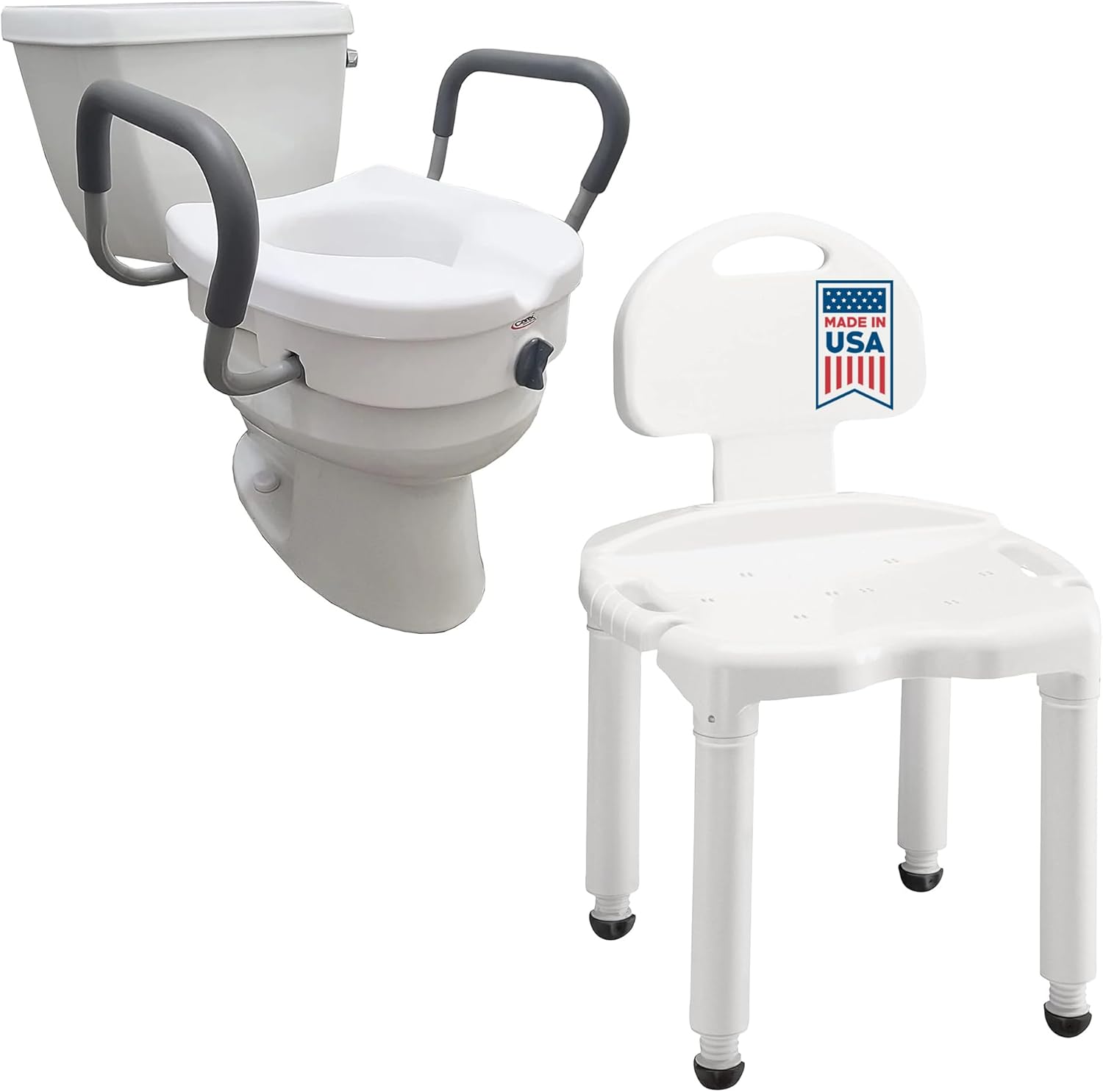 Carex E-Z Lock Toilet Seat and Shower Chair Bundle, Commode Toilet Seat Riser with Arms, Bath and Shower Chair with Back Support for Disabled, Handicap, and Injured Persons