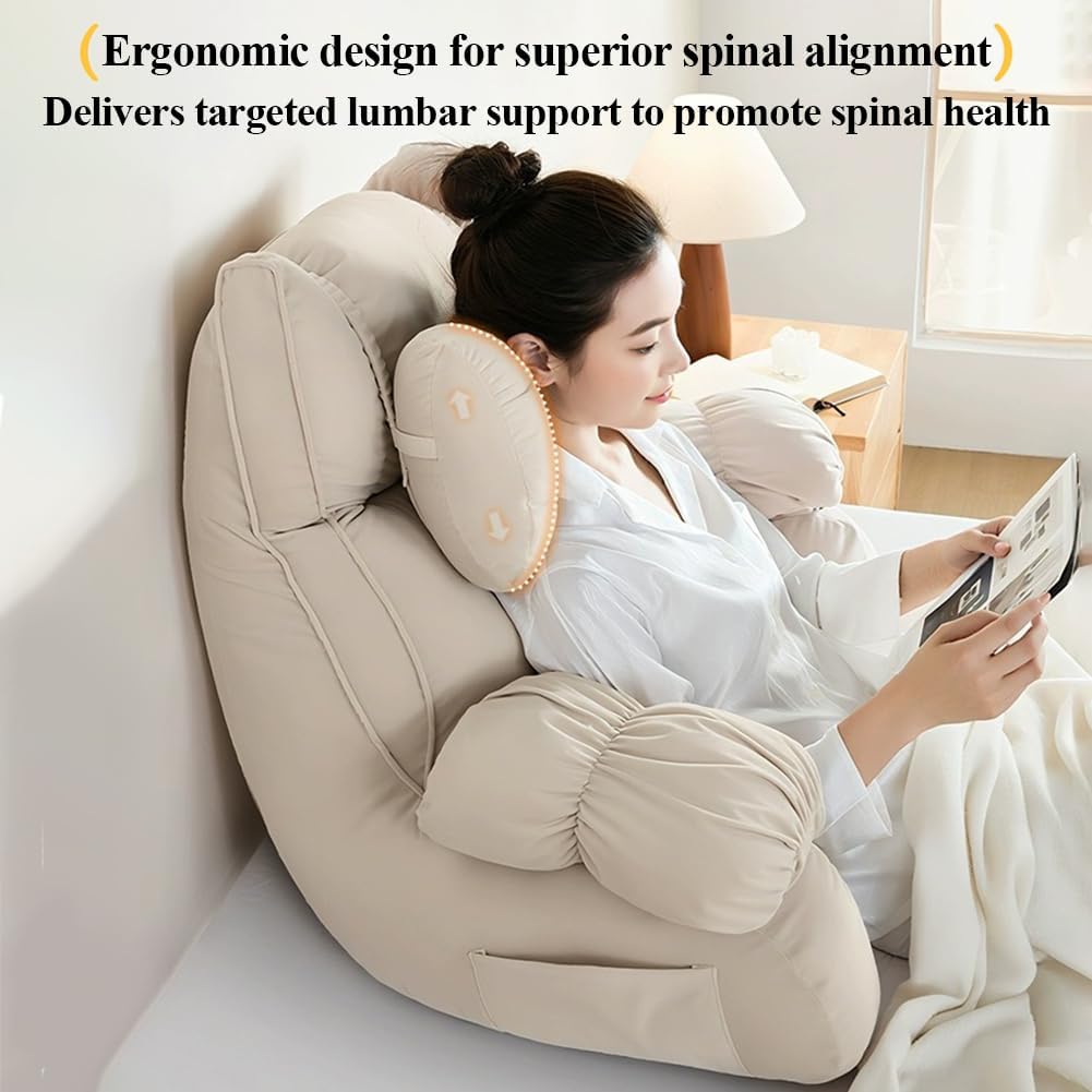 Backrest Reading Bed Rest Pillow with Arms - Removable Washable Cover, Back Support Wedge Cushion for Neck & Lumbar, Headboard Pillow for Bed Sitting Up, Floor Pillow (Khaki02, Medium)