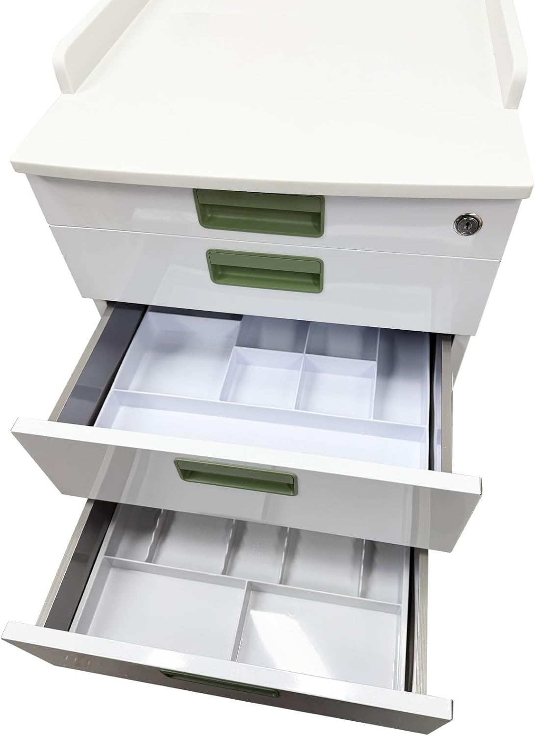 TECHTONGDA 4 Drawer Mobile Dental Assistant Cabinet with Lock and 2 Partition Trays Stainless Steel Medical Cart, White Utility Storage Cart for Clinic Hospital Office Home Use