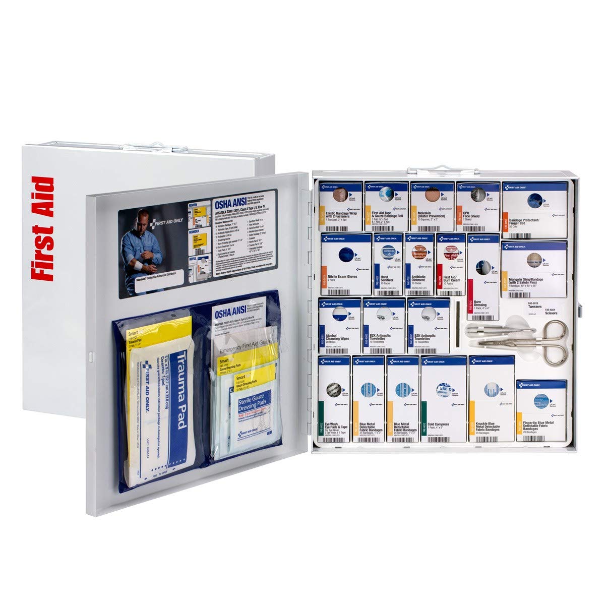 First Aid Only 746005 SmartCompliance 50-Person ANSI 2021 A and OSHA Compliant First Aid Cabinet for Restaurant Kitchen, Cafeteria, and Other Food Service Venues, Large Metal Cabinet
