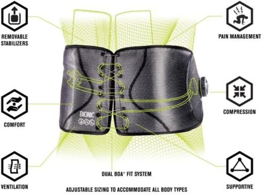 DonJoy Performance Bionic BOA Fit System Back Brace Low-Profile, Adjustable Low-Back Support with Removable Rigid Panels for Low Back Pain, Strains and Lumbar Support