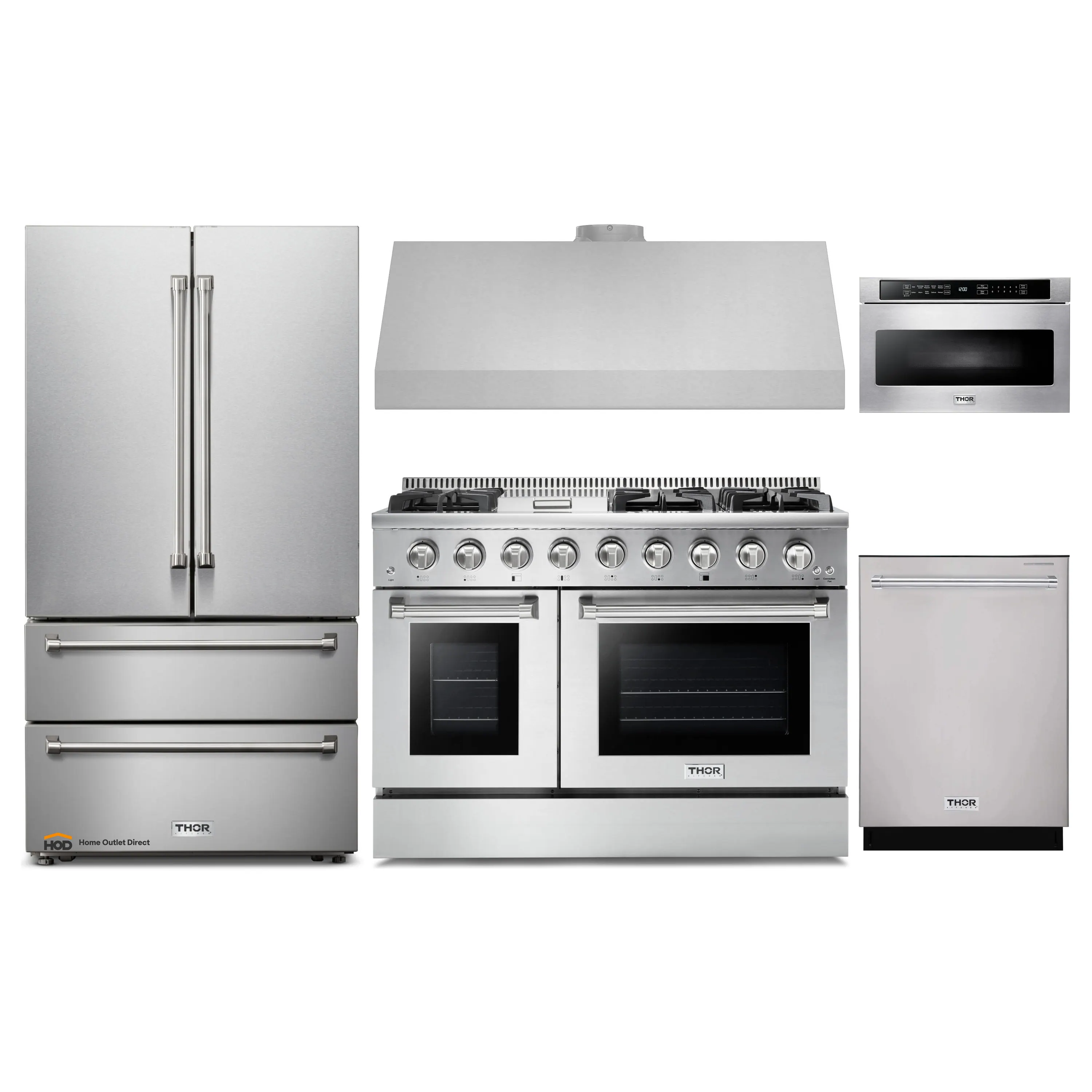 Thor Kitchen 5-Piece Pro Appliance Package - 48-Inch Gas Range, French Door Refrigerator, Dishwasher, Under Cabinet 11-Inch Tall Hood, and Microwave Drawer in Stainless Steel