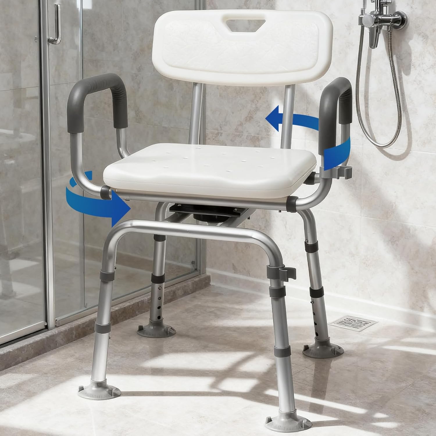 360° Swivel Shower Chair with Back and Arms-FSA Eligible, Rotating Shower Chair, Swiveling Shower Chair with Cold-Proof Pads, Support 400lbs,Swivel Shower Chair for Inside Shower