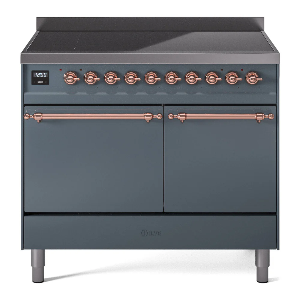 ILVE 40-Inch Nostalgie II Induction Range with Solid Door Oven in Blue Grey with Copper Trim (UPDI406QNMPBGP)