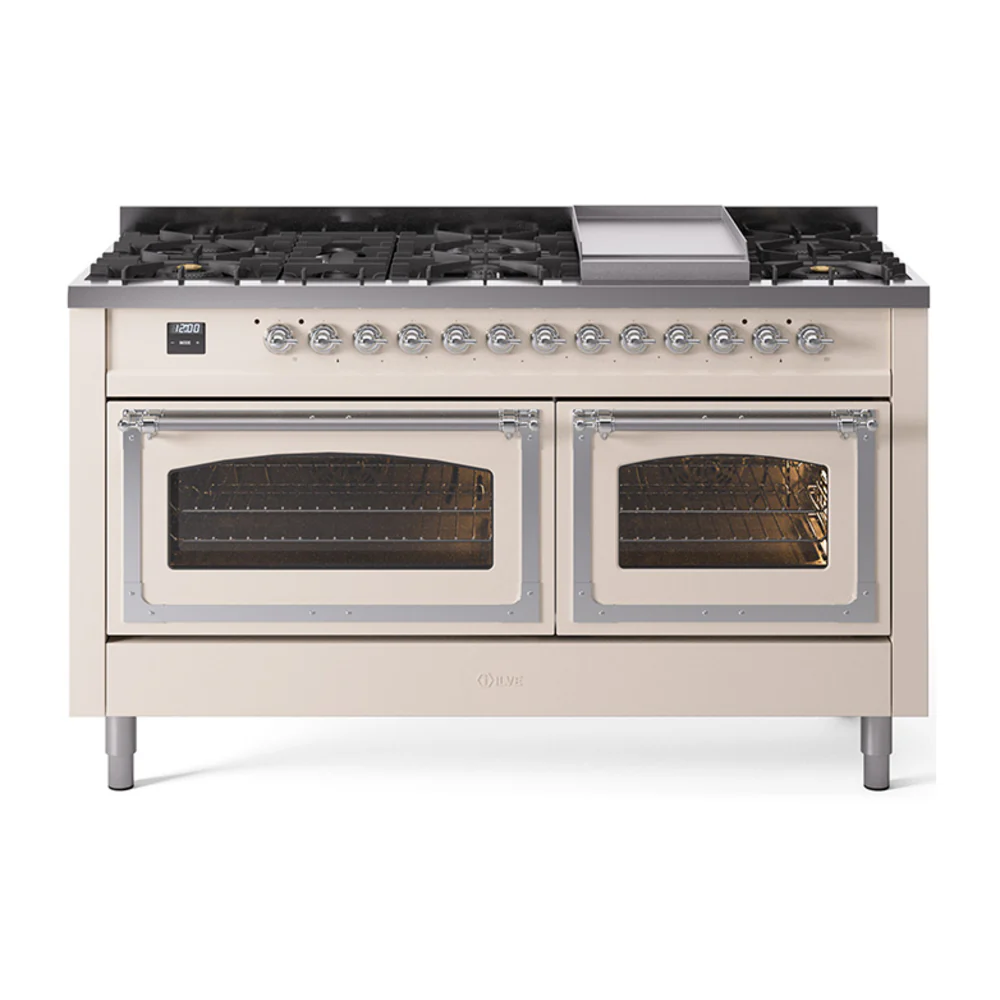 ILVE 60-Inch Nostalgie II Noblesse Dual Fuel Range with 9 Sealed Burners, Griddle, Triple Glass Door Oven in Antique White with Chrome Trim (UN60FNMPAWC)