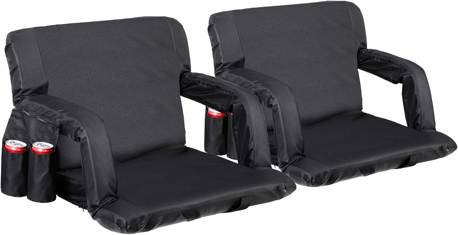 ZENY Folding Stadium Seat Chair with Back Support and Cushion for Bleachers 2 Pack, Reclining Bleacher Seat with Back, Armrests and Cup Holders